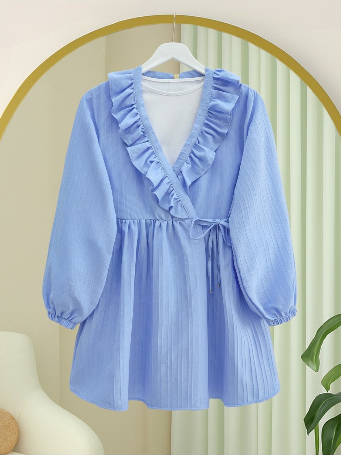Moda Morfo Fırfırlı Önü Bağcıklı Kolu Lastikli Kimono -Mavi görsel 6