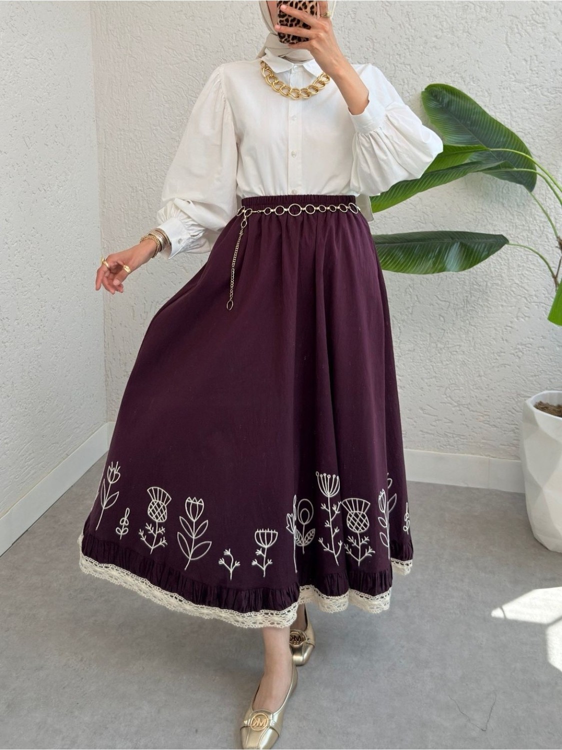 Moda Morfo Dantel İşlemeli Beli Lastikli Etek -Mürdüm