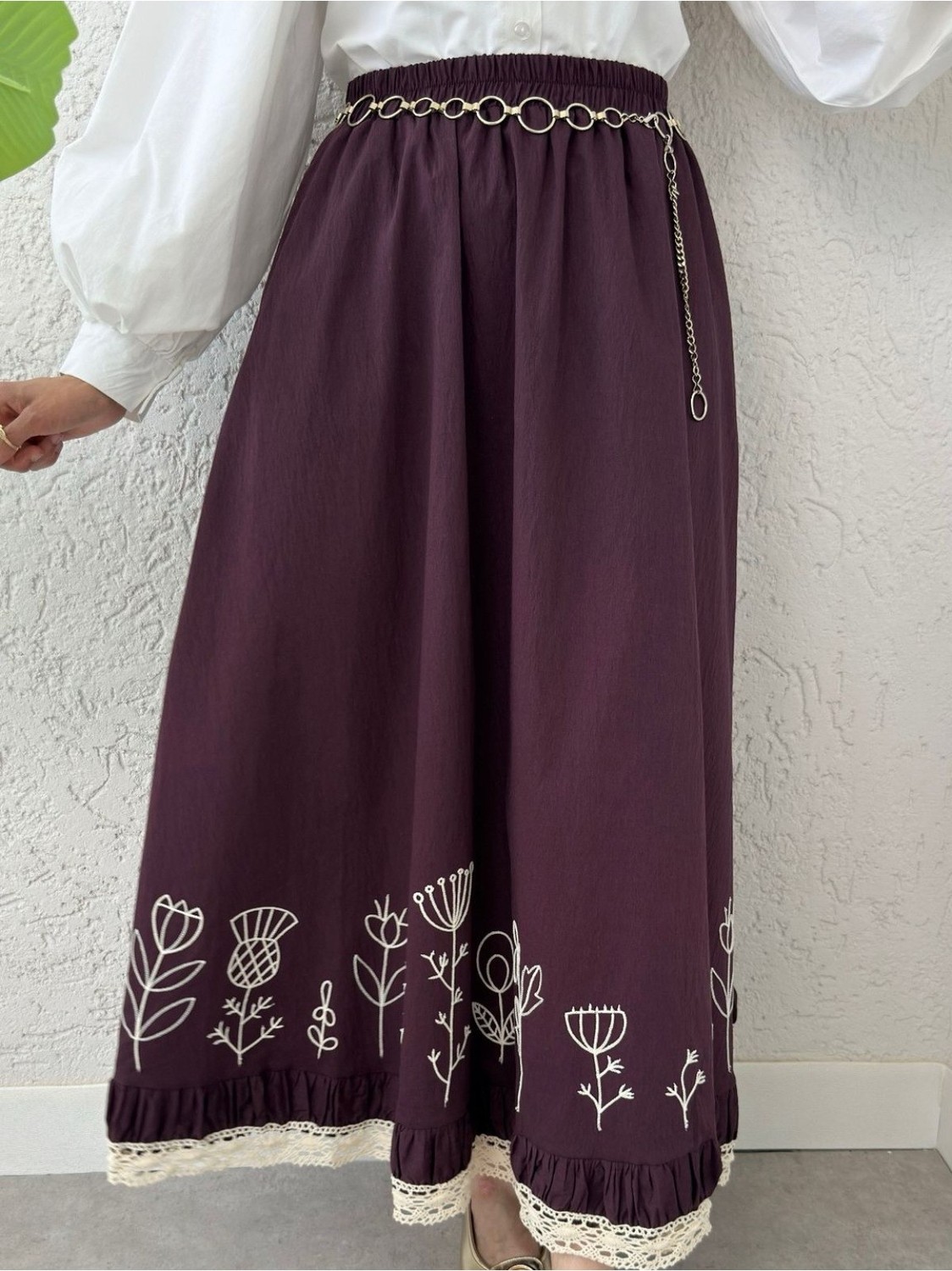 Moda Morfo Dantel İşlemeli Beli Lastikli Etek -Mürdüm görsel 5