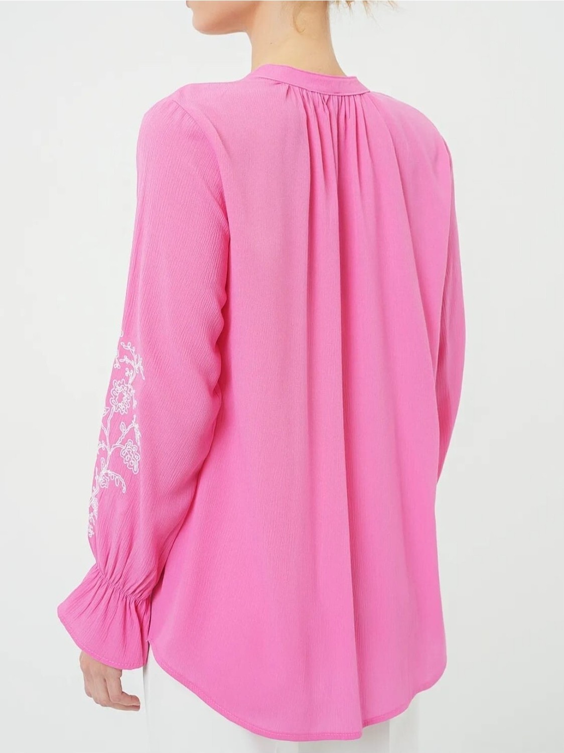 Moda Morfo Yakası Bağlamalı Kolu Nakışlı Lastikli Gömlek -Pembe görsel 5