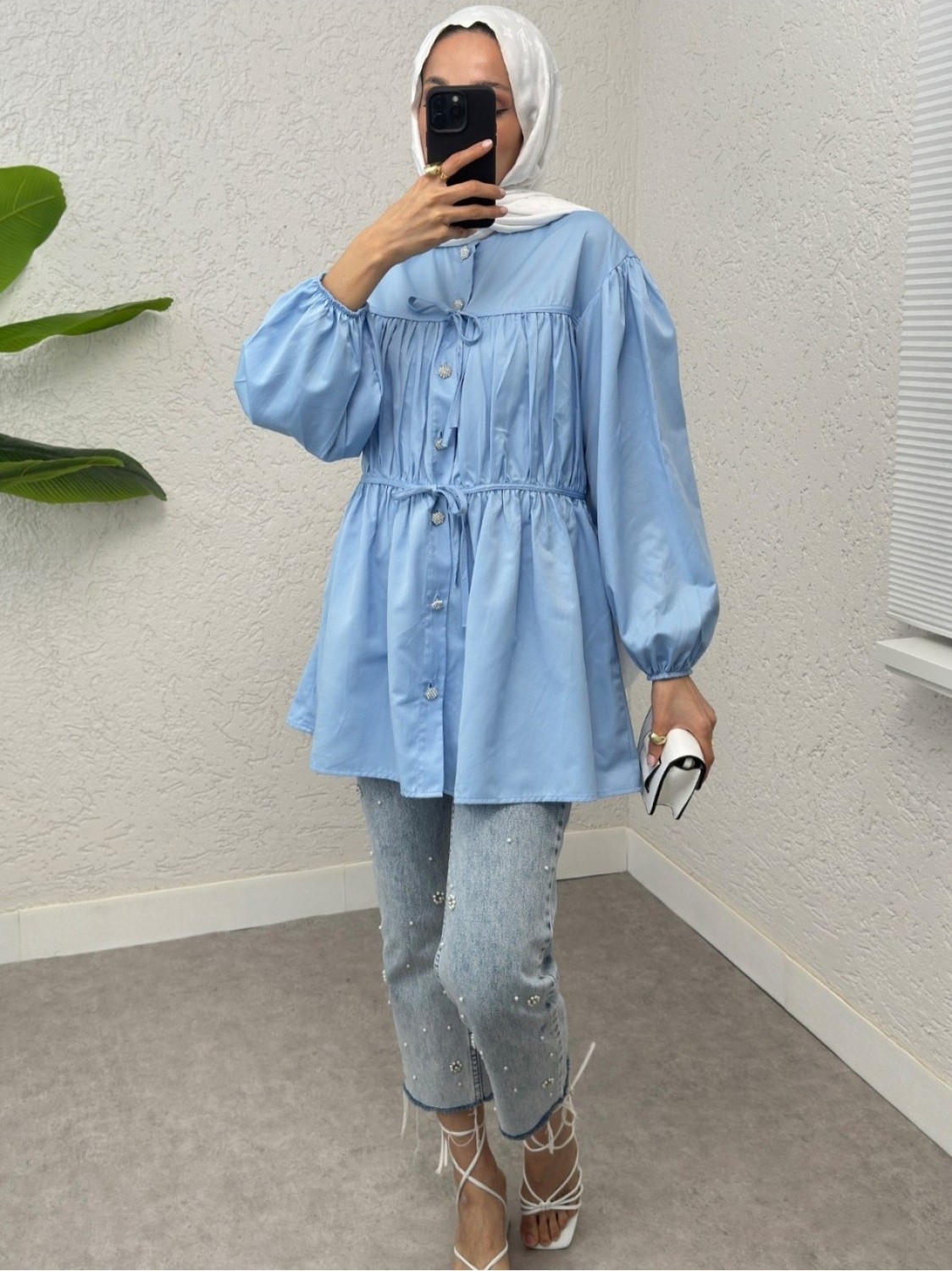 Moda Morfo Önü Bağcık Detaylı Boydan Düğmeli Gömlek Tunik -Bebe Mavi görsel 8