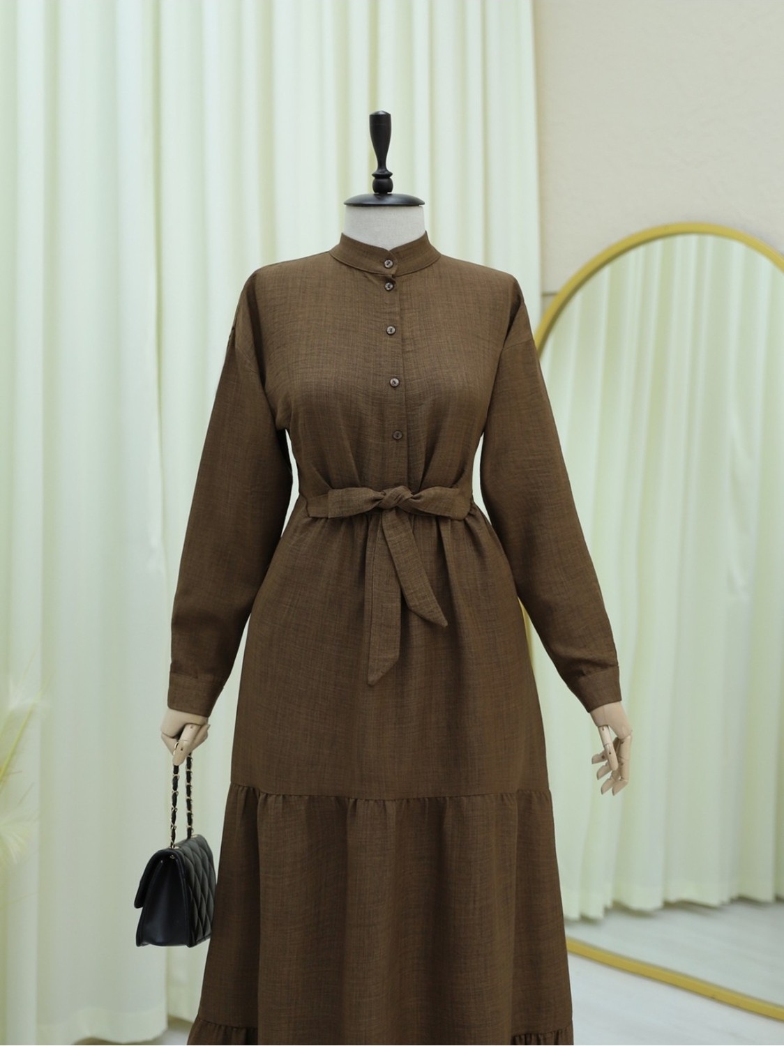 Moda Morfo Yarım Düğmeli Dik Yaka Beli Bağlamalı Keten Elbise -İndigo görsel 7