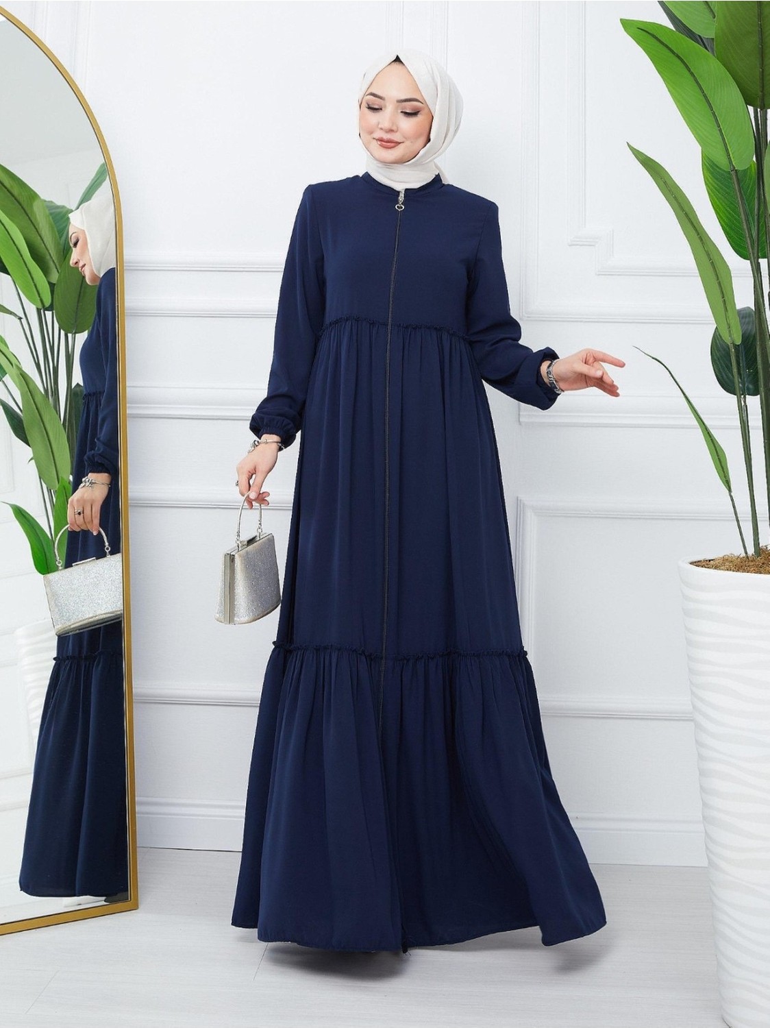 Moda Morfo Parçalı Kolu Lastikli Boydan Fermuarlı Ferace -Siyah görsel 4