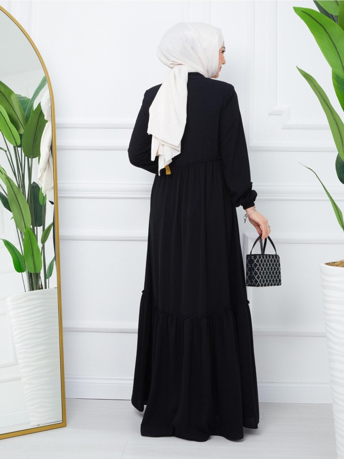 Moda Morfo Parçalı Kolu Lastikli Boydan Fermuarlı Ferace -Siyah görsel 7