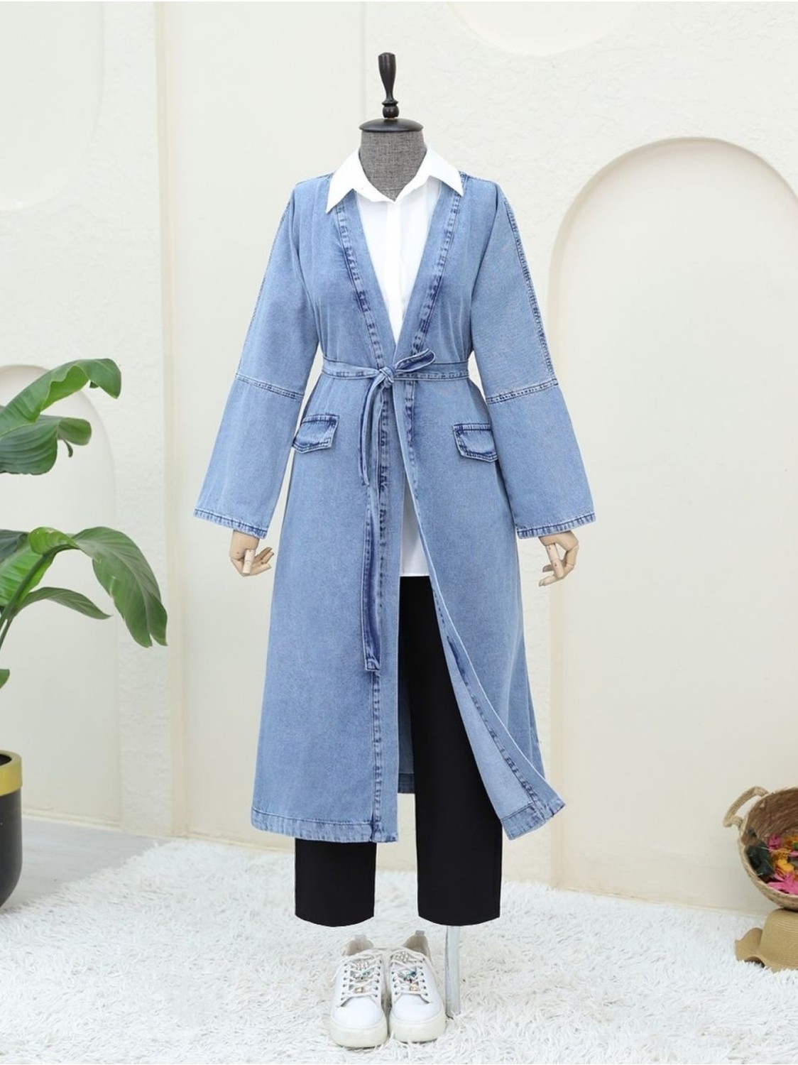 Moda Morfo Cep Detaylı Kuşaklı Kot Kap -İndigo görsel 7