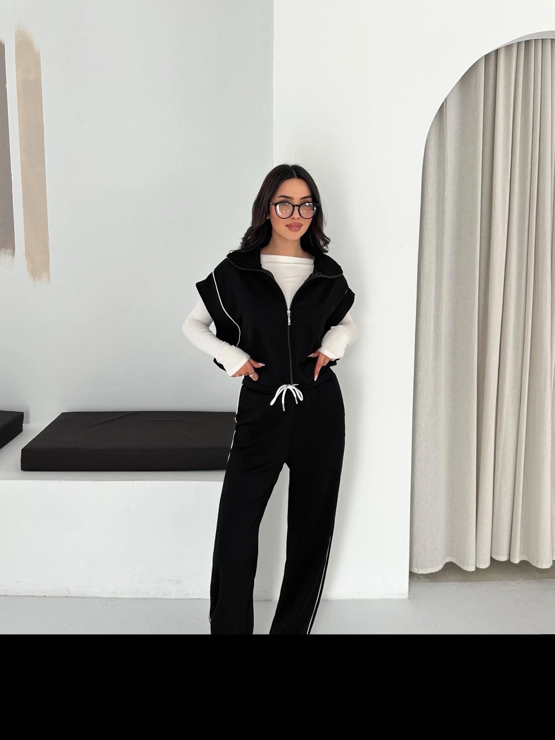Cey Moda Kadın Modal Kumaş Garnili Sıfır Kol Dik Yaka Oversize Eşofman Takımı