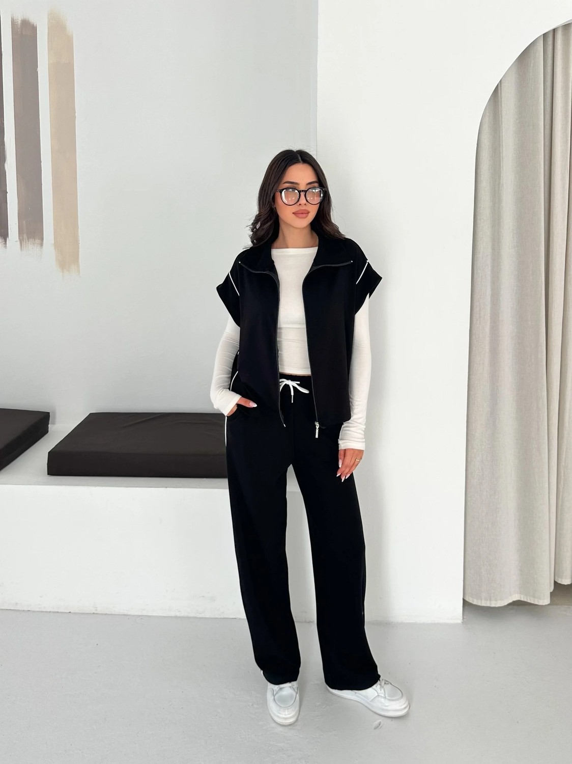 Cey Moda Kadın Modal Kumaş Garnili Sıfır Kol Dik Yaka Oversize Eşofman Takımı görsel 5
