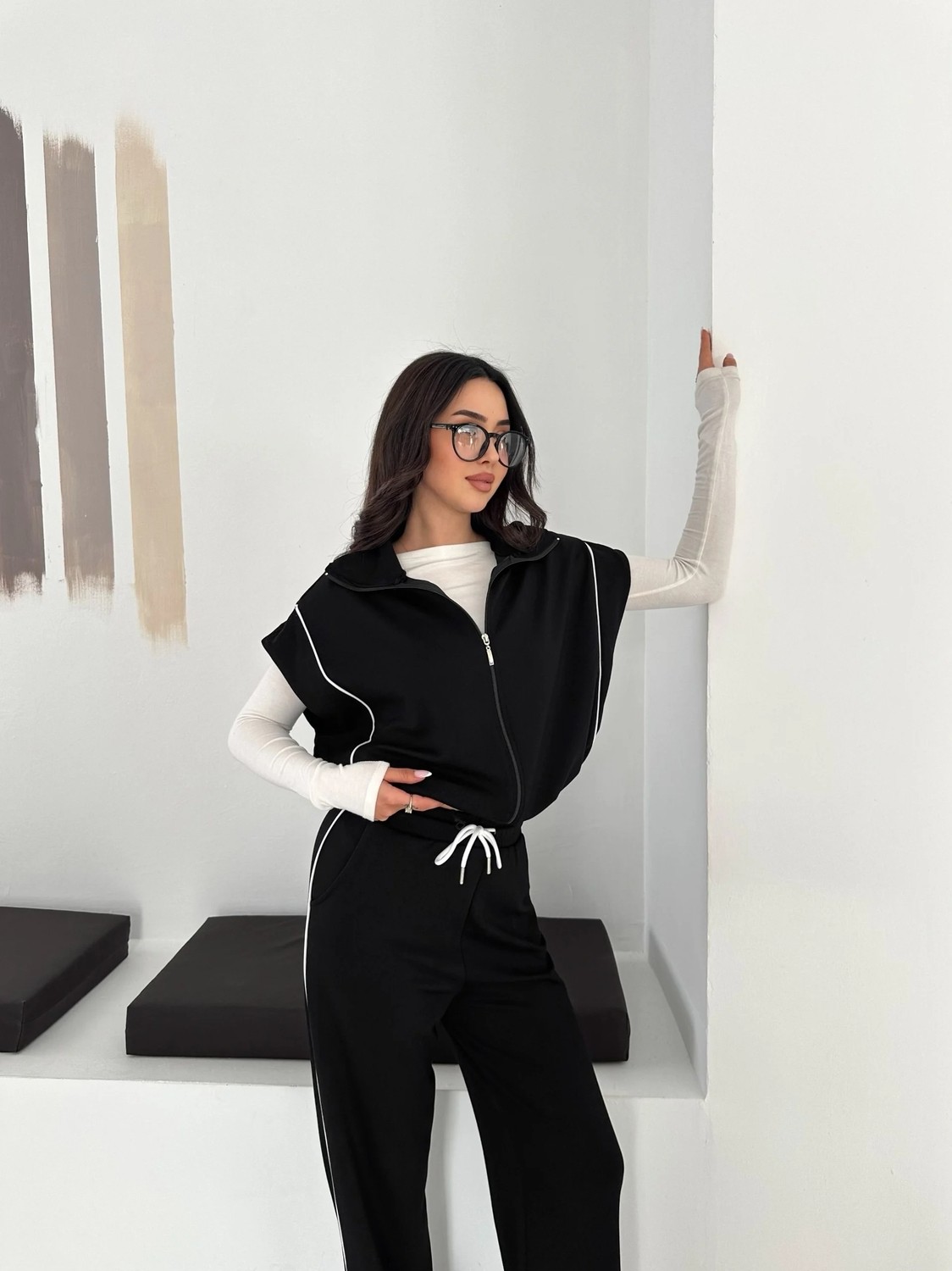 Cey Moda Kadın Modal Kumaş Garnili Sıfır Kol Dik Yaka Oversize Eşofman Takımı görsel 7