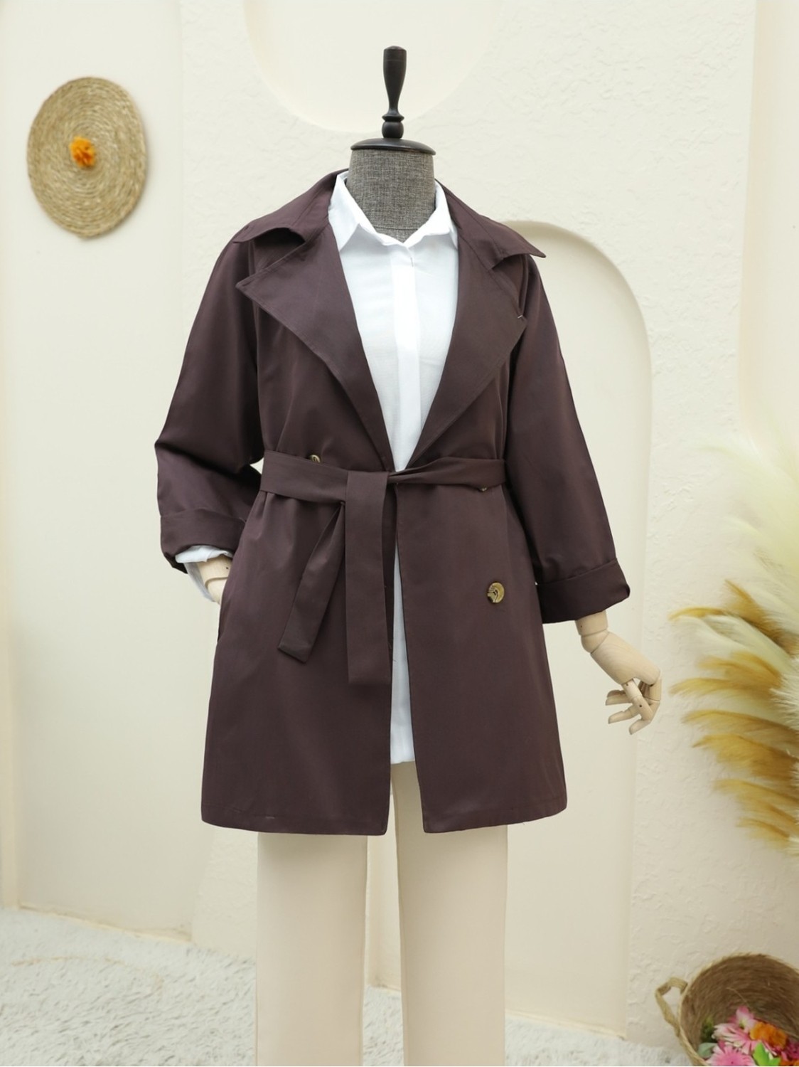 Moda Morfo Bolero Detaylı Düğmeli Ara Boy Trençkot -Mürdüm görsel 4