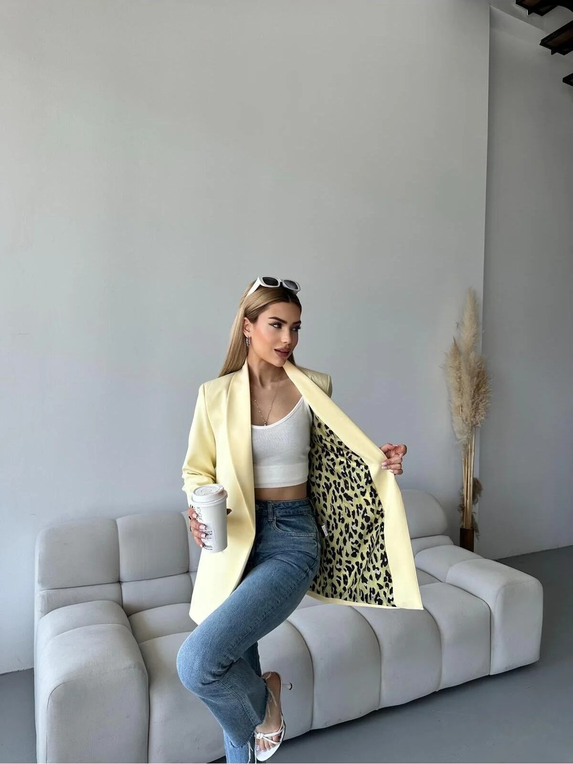 Vesantia Kadın Limon Sarısı Leopar Astar Detaylı Blazer Ceket