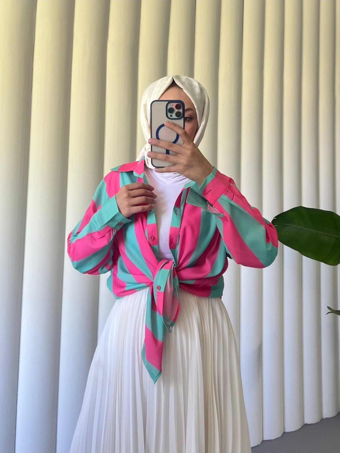 Moda Morfo Kalın Çizgili Düğmeli Gömlek -Vizon