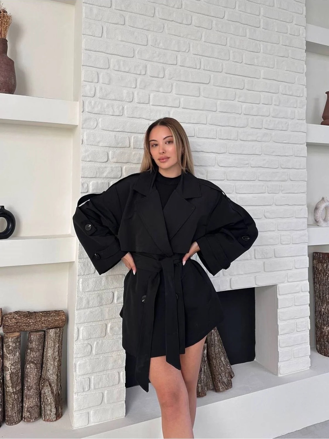 Vess Moda Kadın Haki Kemer Detaylı Dokuma Kısa Trençkot Kruvaze Yaka ile Şık Görünüm