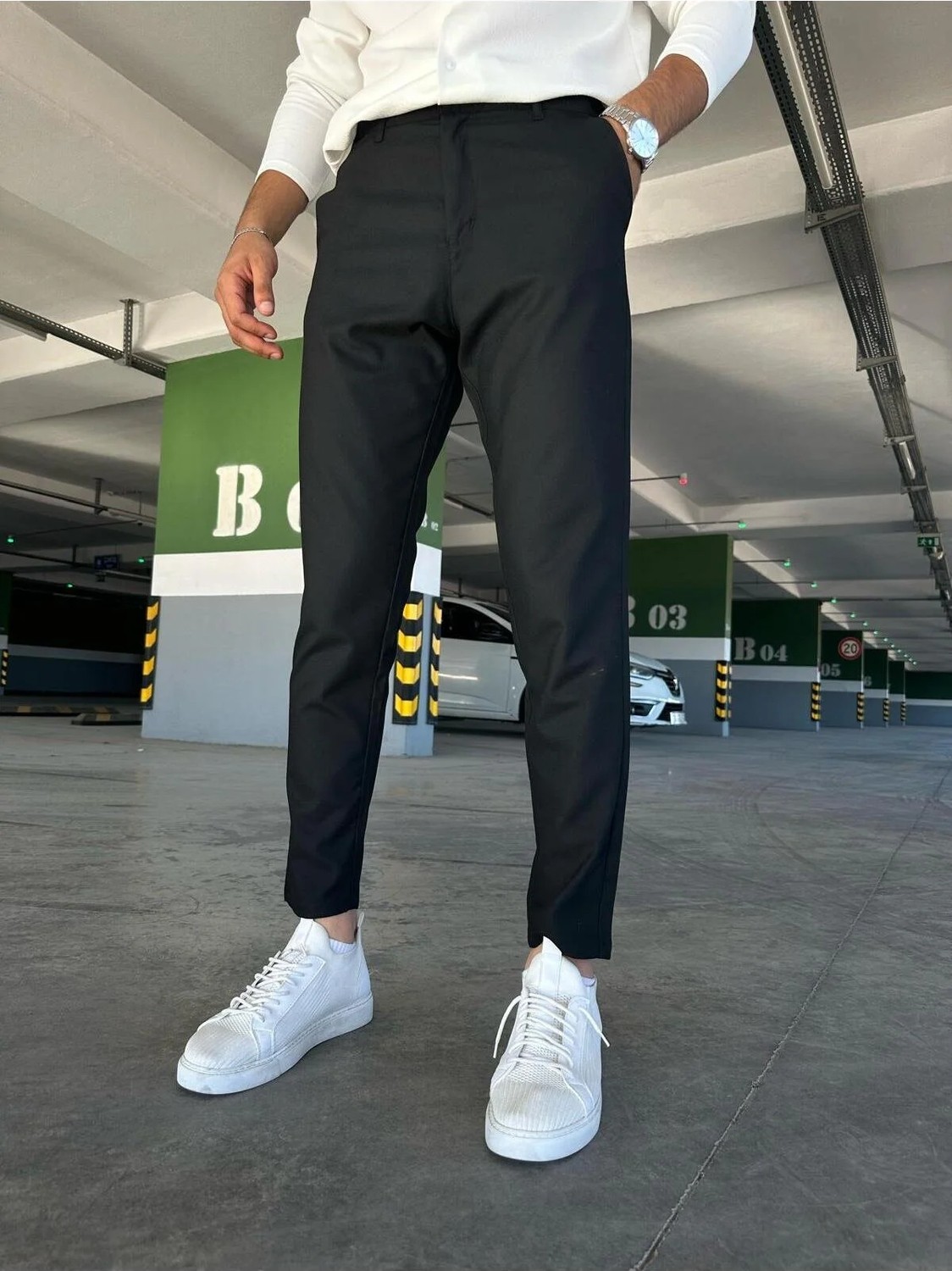 Ser Joven Erkek Siyah Slim Fit Dar Kesim Likralı Yan Cep Bilek Boy Düz Kumaş Pantolon