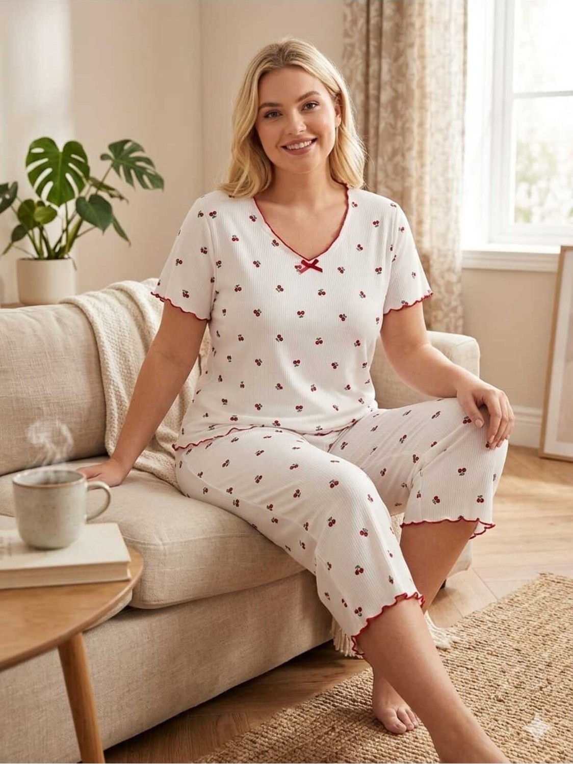 Asel Büyük Beden Kısa Kol Pamuklu Ultrasoft Likralı Kapri Pijama Takımı