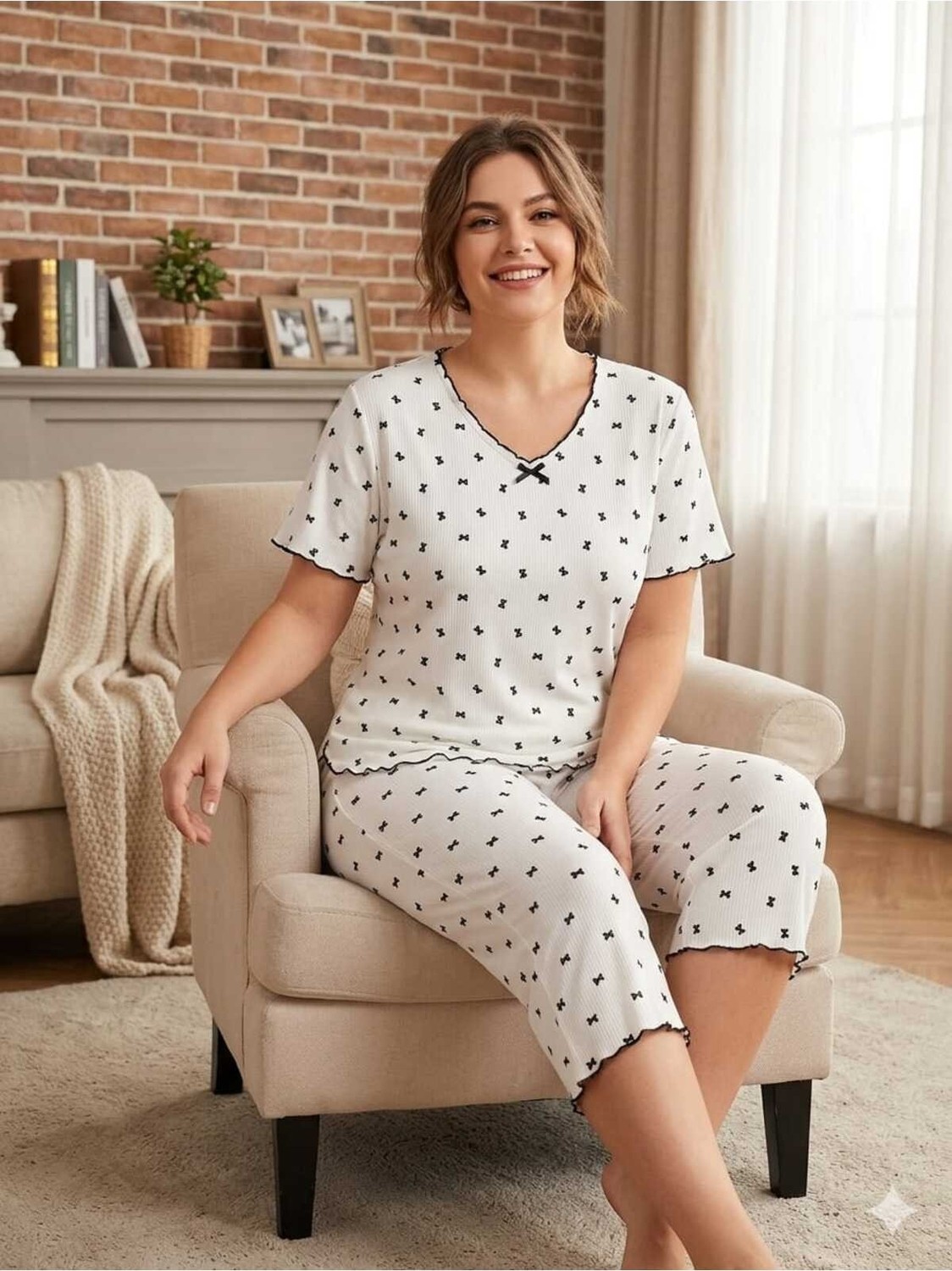 Asel Büyük Beden Kısa Kol Pamuklu Ultrasoft Likralı Kapri Pijama Takımı görsel 2