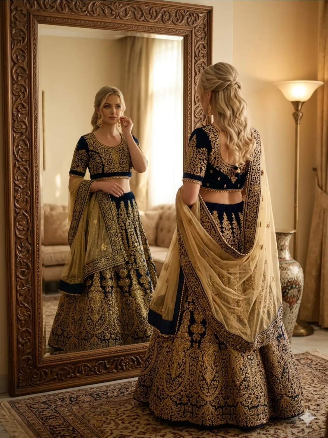 Aashiv's Collection Gelinlik Hint Lehenga Choli Takımı Lacivert Işlemeli