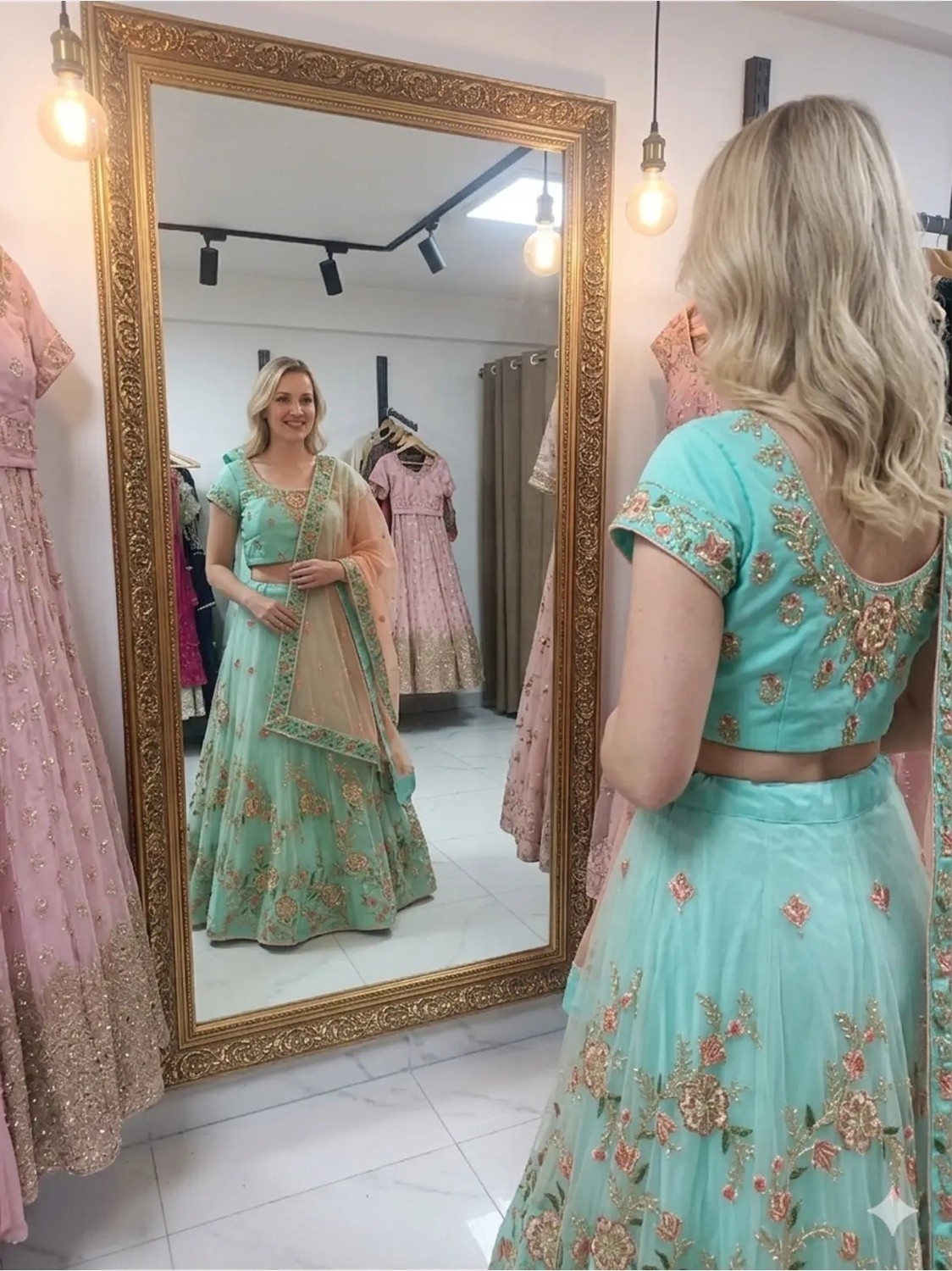 Aashiv's Collection Gelinlik Hint Lehenga Choli Takımı Turkuaz Işlemeli