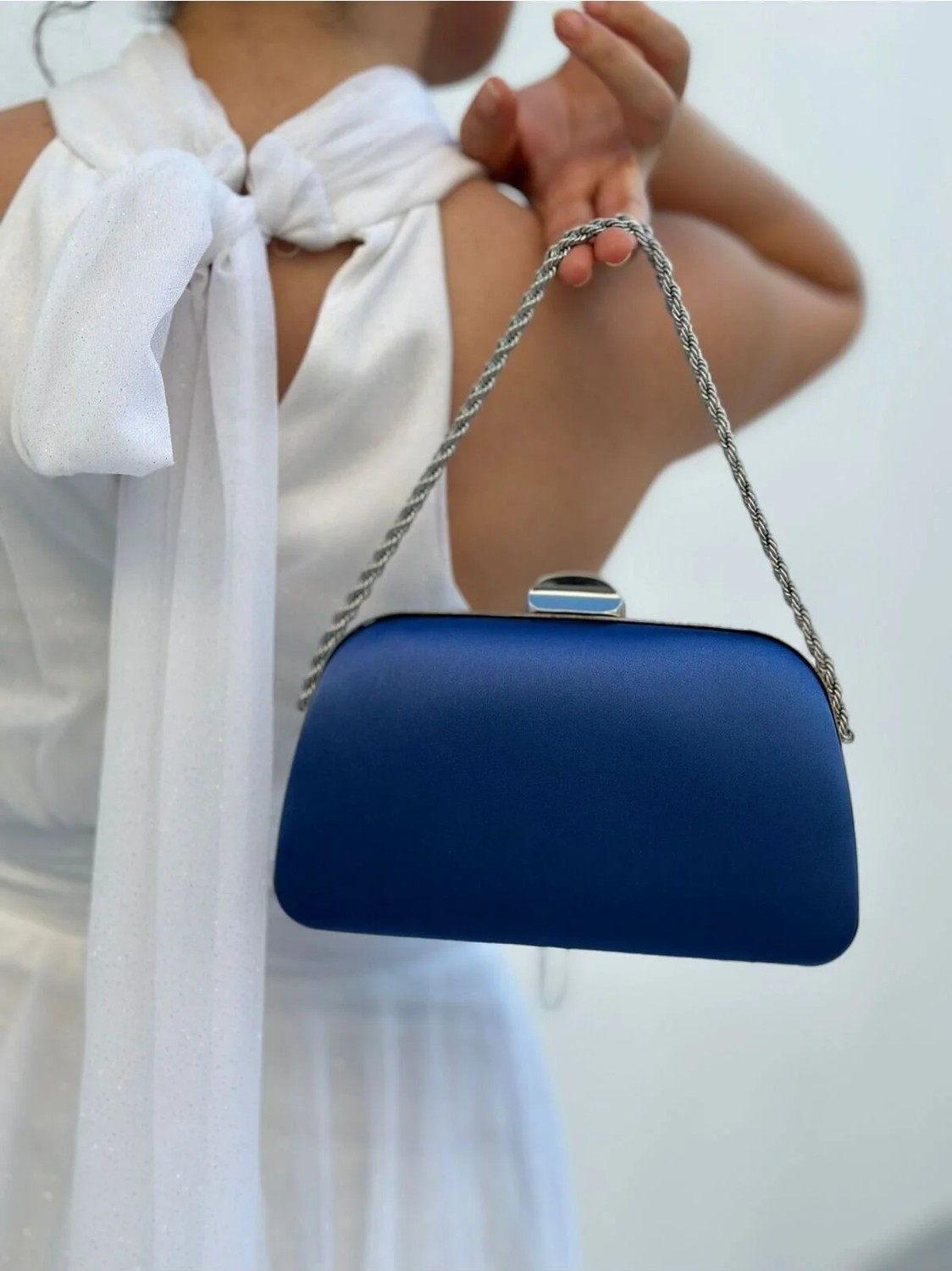 She Poly Kadın Saten Lacivert Abiye Clutch Portföy Zincir Askılı El Düğün Nişan Gece Omuz Çantası