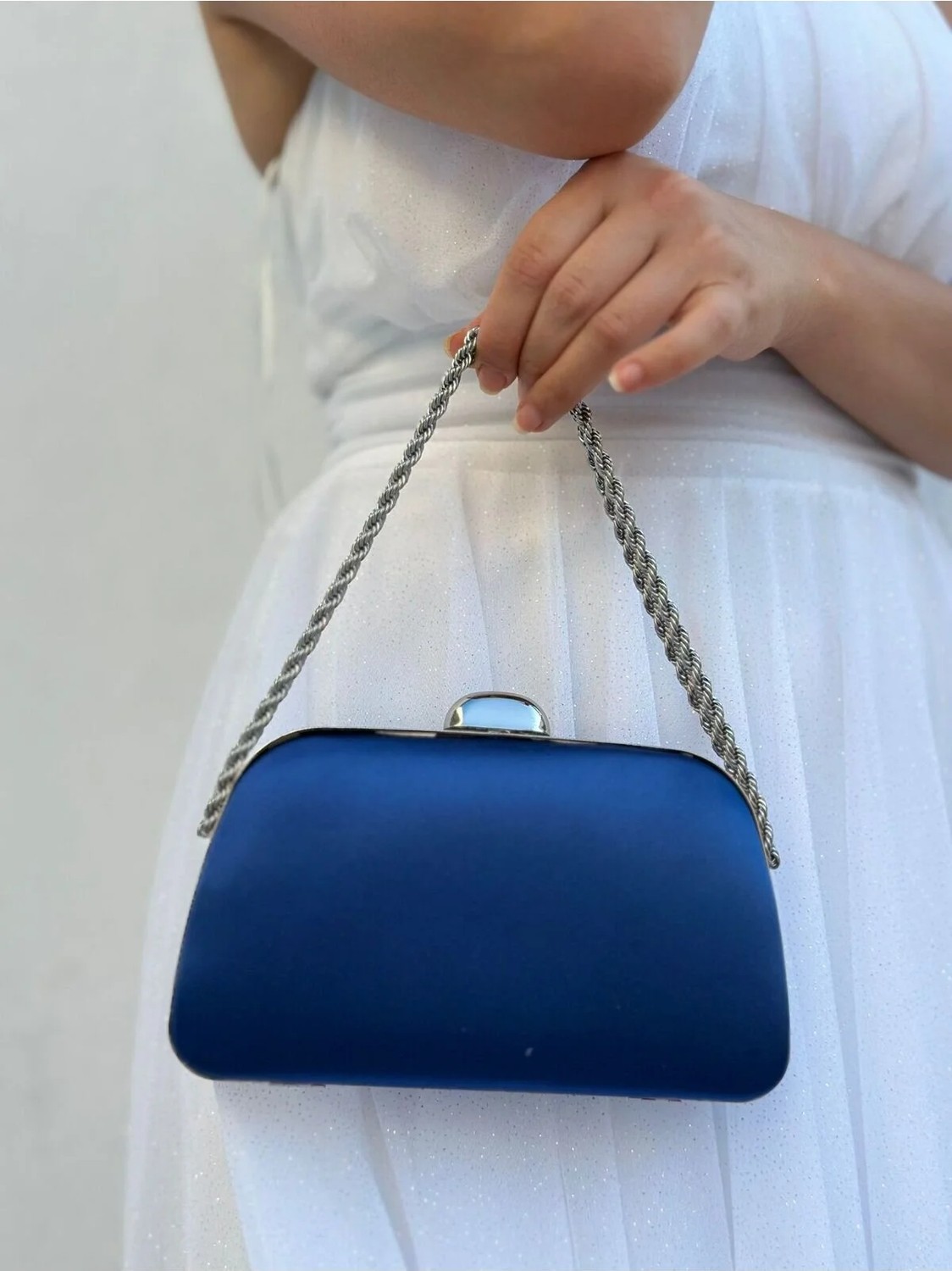 She Poly Kadın Saten Lacivert Abiye Clutch Portföy Zincir Askılı El Düğün Nişan Gece Omuz Çantası görsel 2