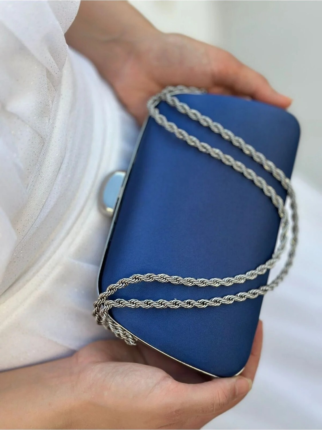 She Poly Kadın Saten Lacivert Abiye Clutch Portföy Zincir Askılı El Düğün Nişan Gece Omuz Çantası görsel 3