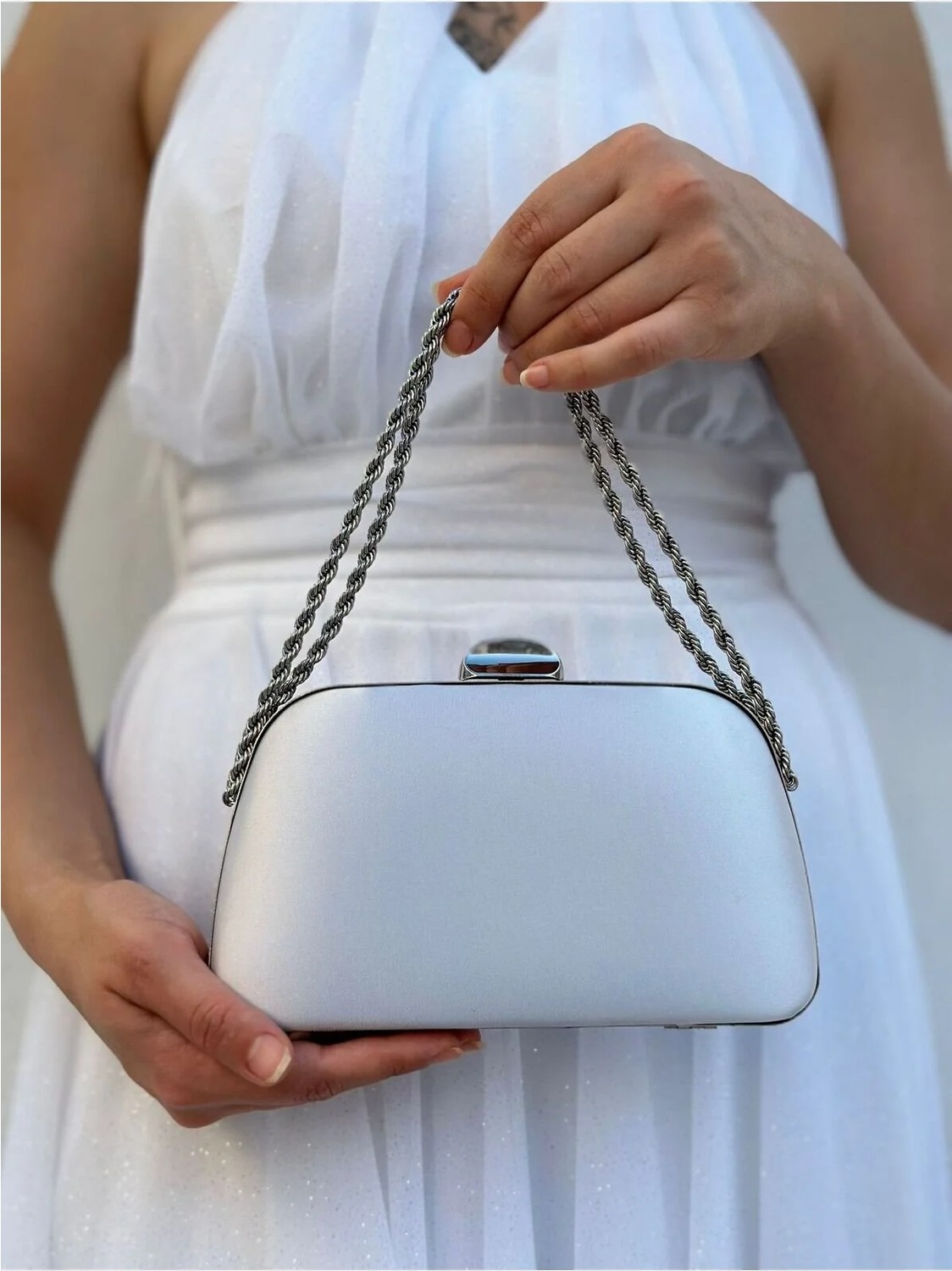 She Poly Kadın Saten Lacivert Abiye Clutch Portföy Zincir Askılı El Düğün Nişan Gece Omuz Çantası görsel 5