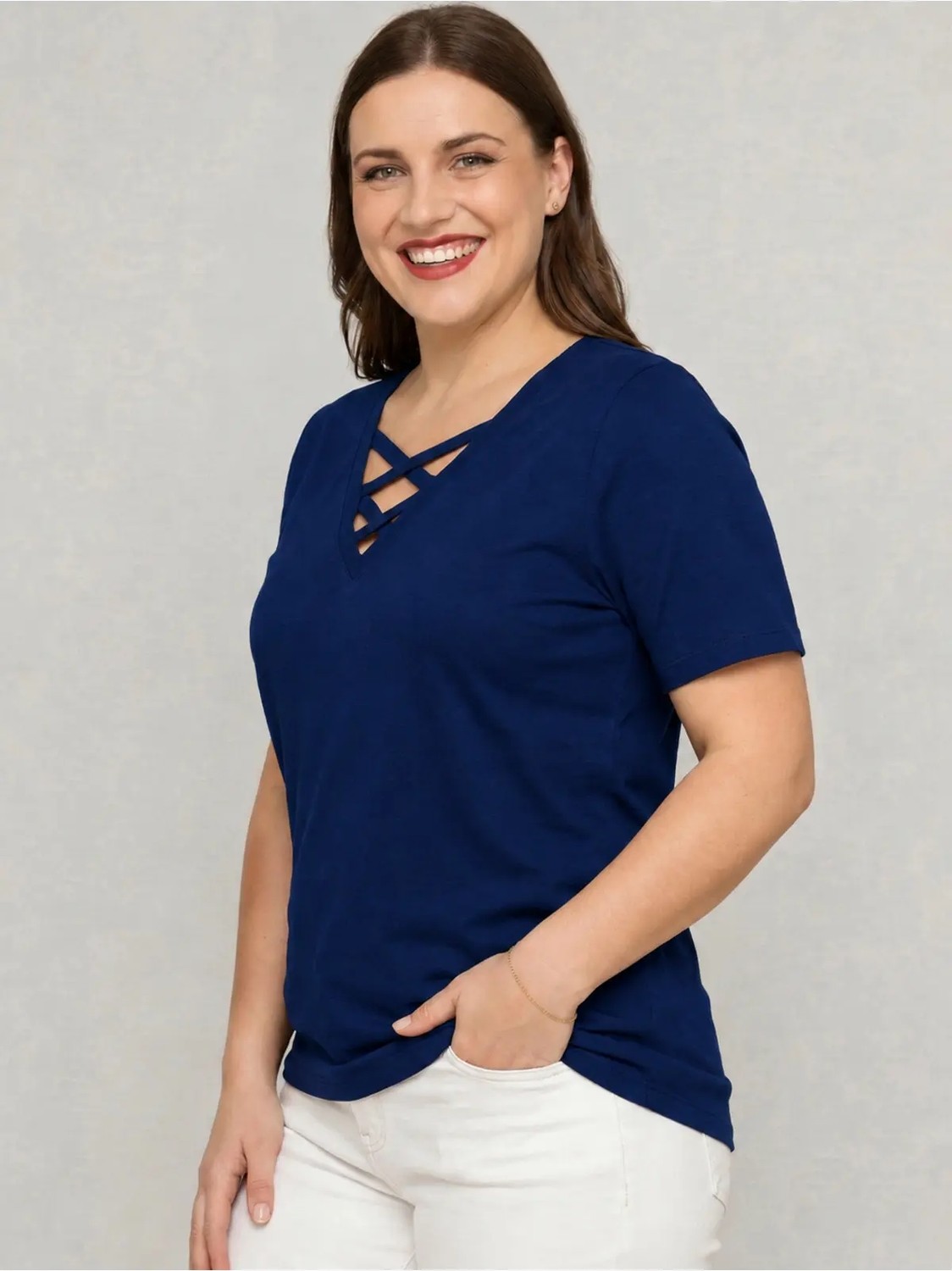 Curvy Trend Büyük Beden V Yaka Çapraz Bantlı Kısa Kol Bluz görsel 2