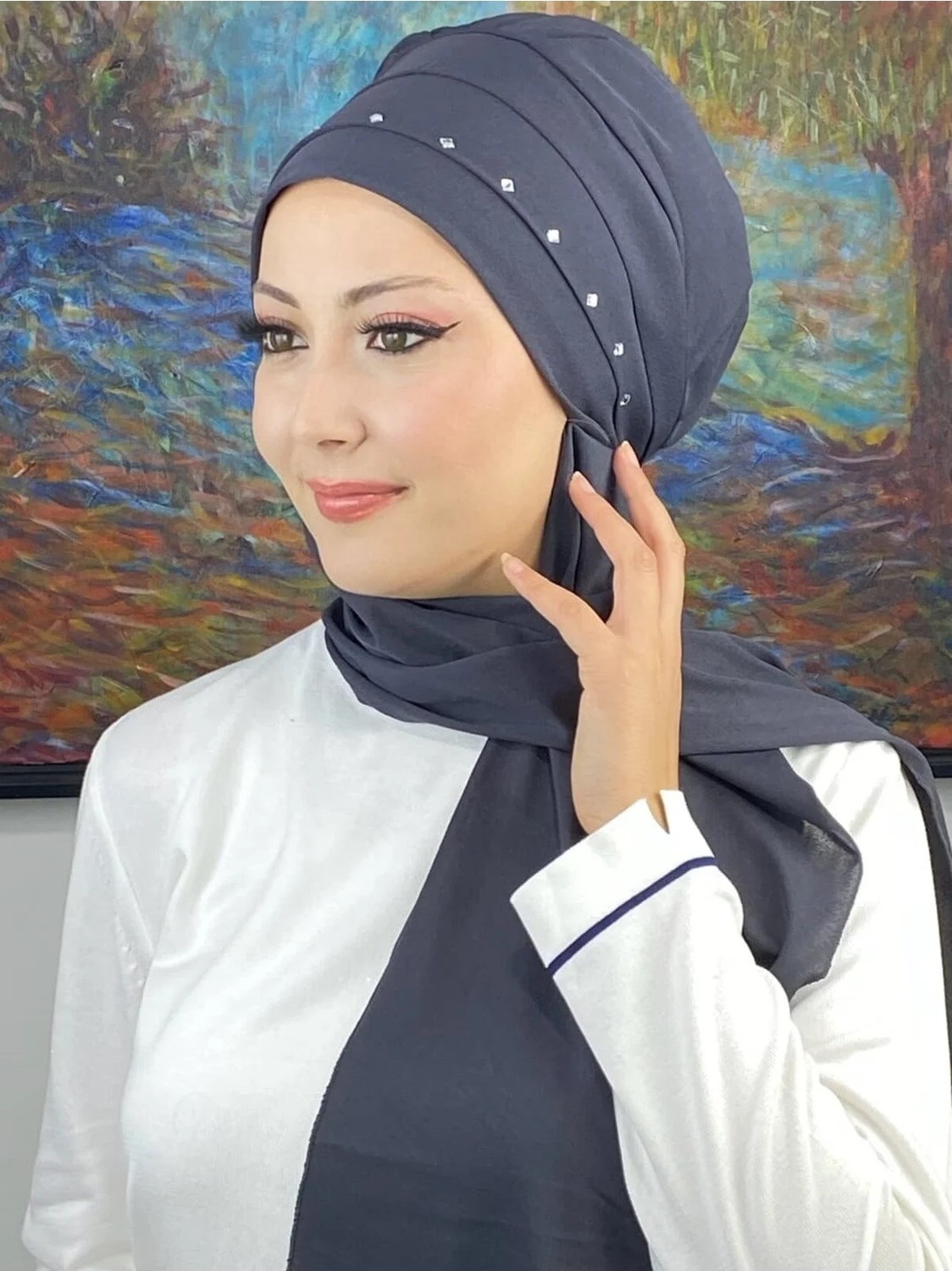 Butik Ambar Beyaz Taş Detaylı Atkılı Bone görsel 2