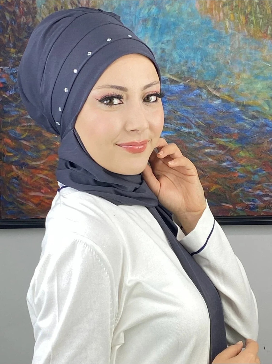 Butik Ambar Beyaz Taş Detaylı Atkılı Bone görsel 5