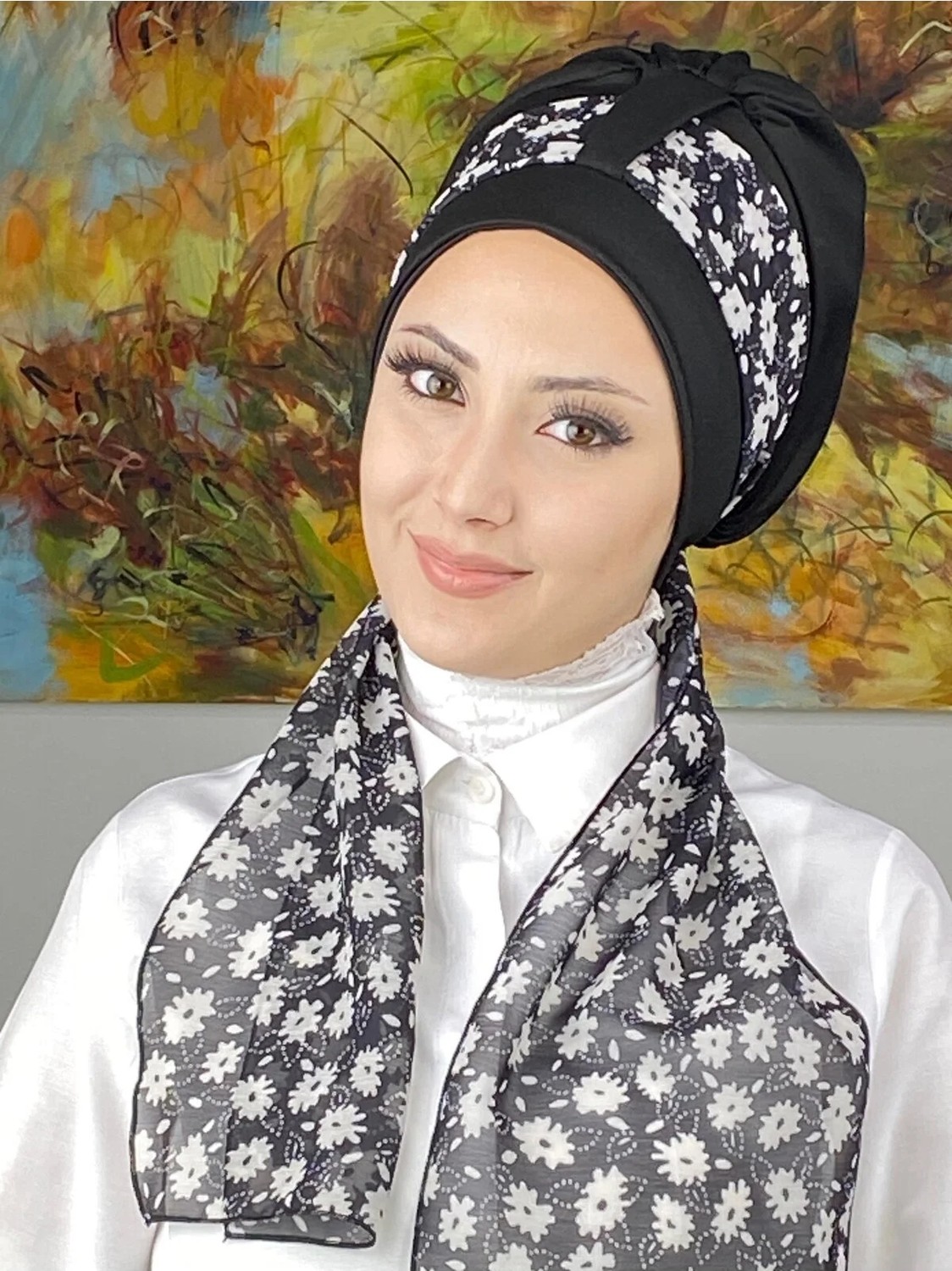 Butik Ambar Tek Biritli Floral Desenli Fularlı Bone - Siyah - Butik Ambar görsel 4