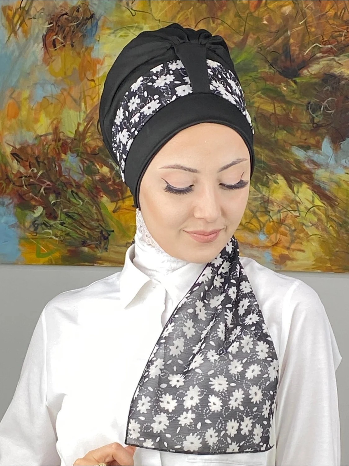 Butik Ambar Tek Biritli Floral Desenli Fularlı Bone - Siyah - Butik Ambar görsel 5