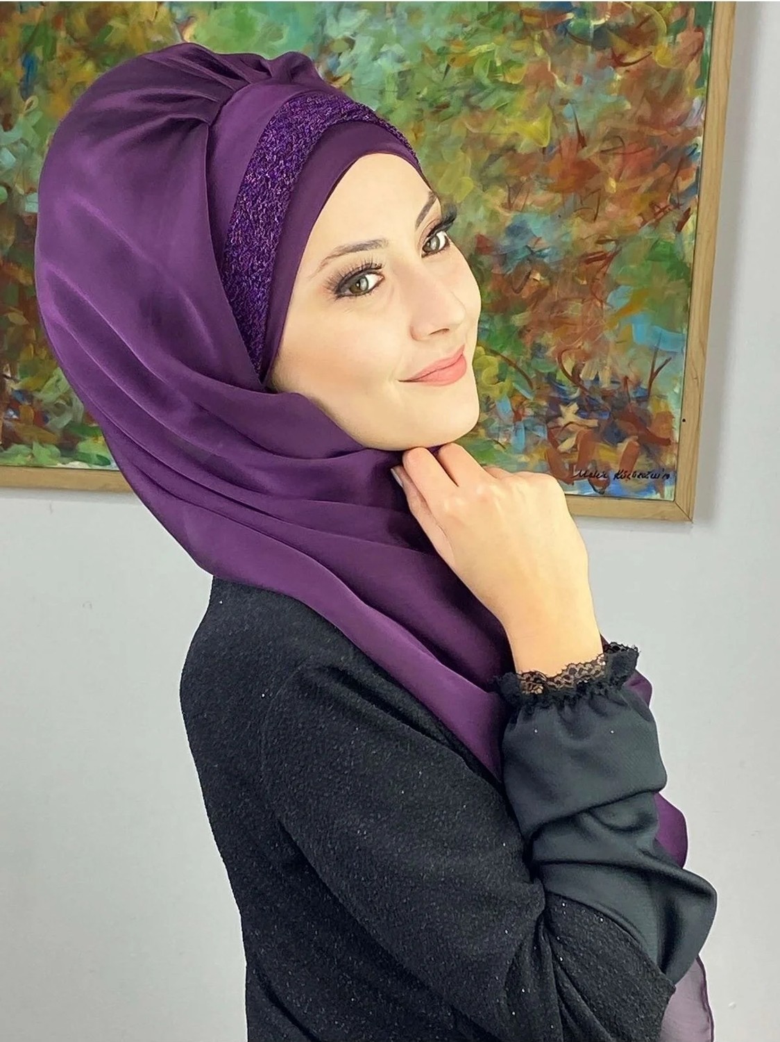Butik Ambar Topkapı Model Mor Büzgülü Şal görsel 3