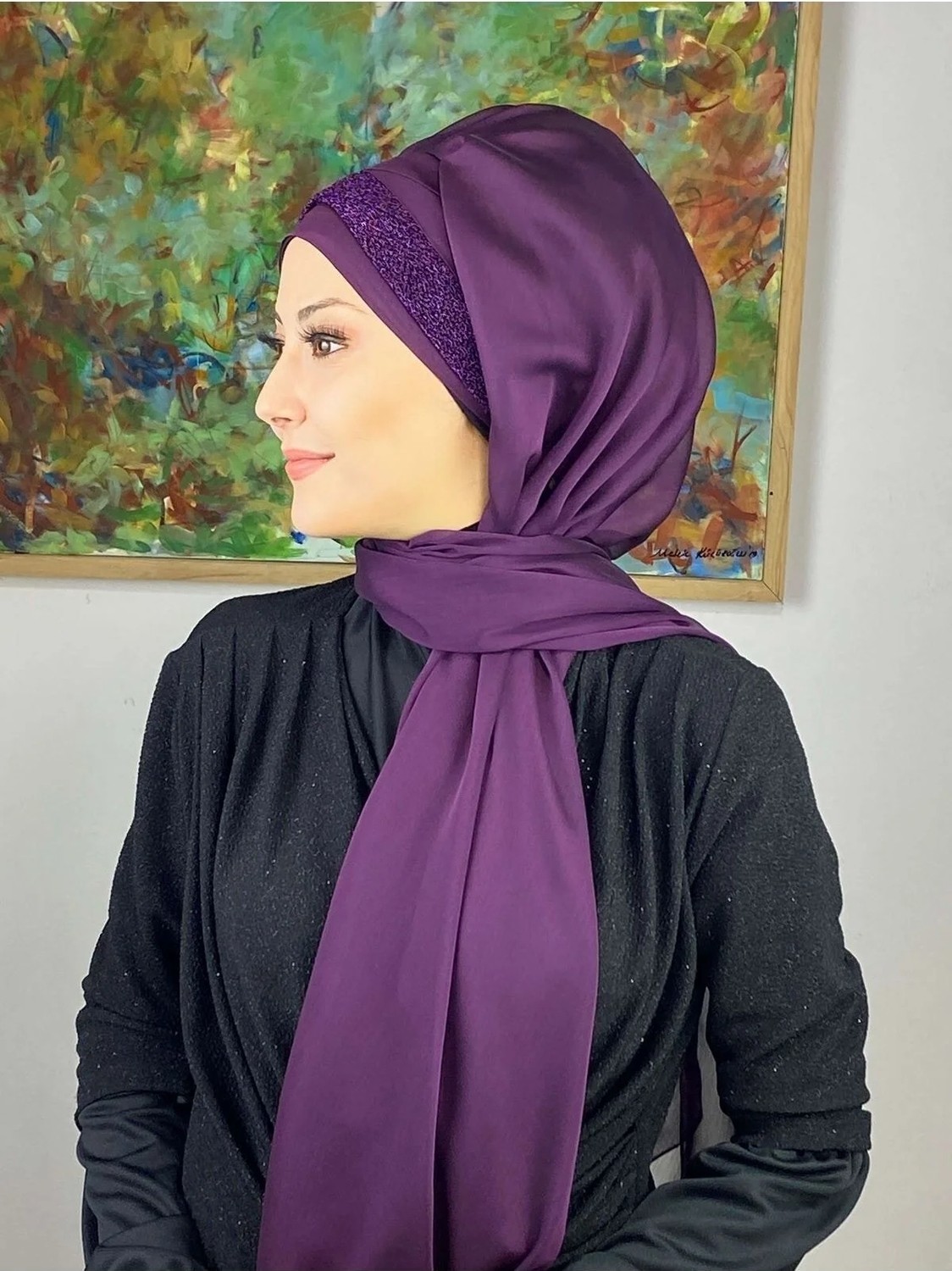 Butik Ambar Topkapı Model Mor Büzgülü Şal görsel 5