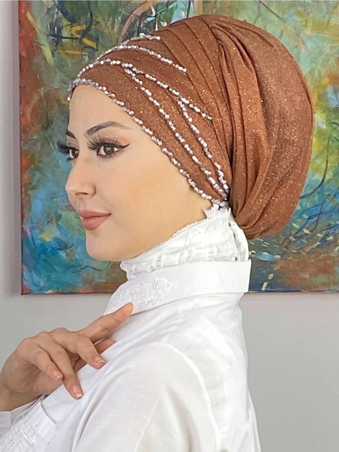 Butik Ambar Boncuk Detaylı Drapeli Bone Şal görsel 2