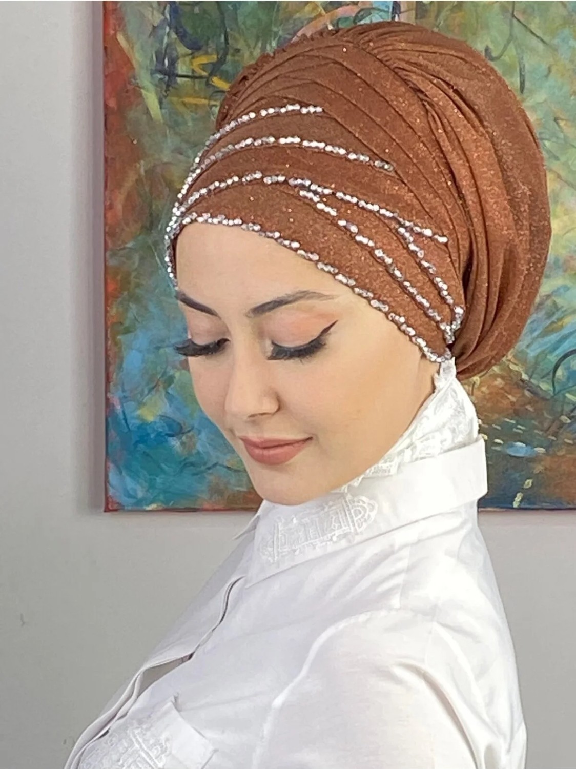Butik Ambar Boncuk Detaylı Drapeli Bone Şal görsel 5