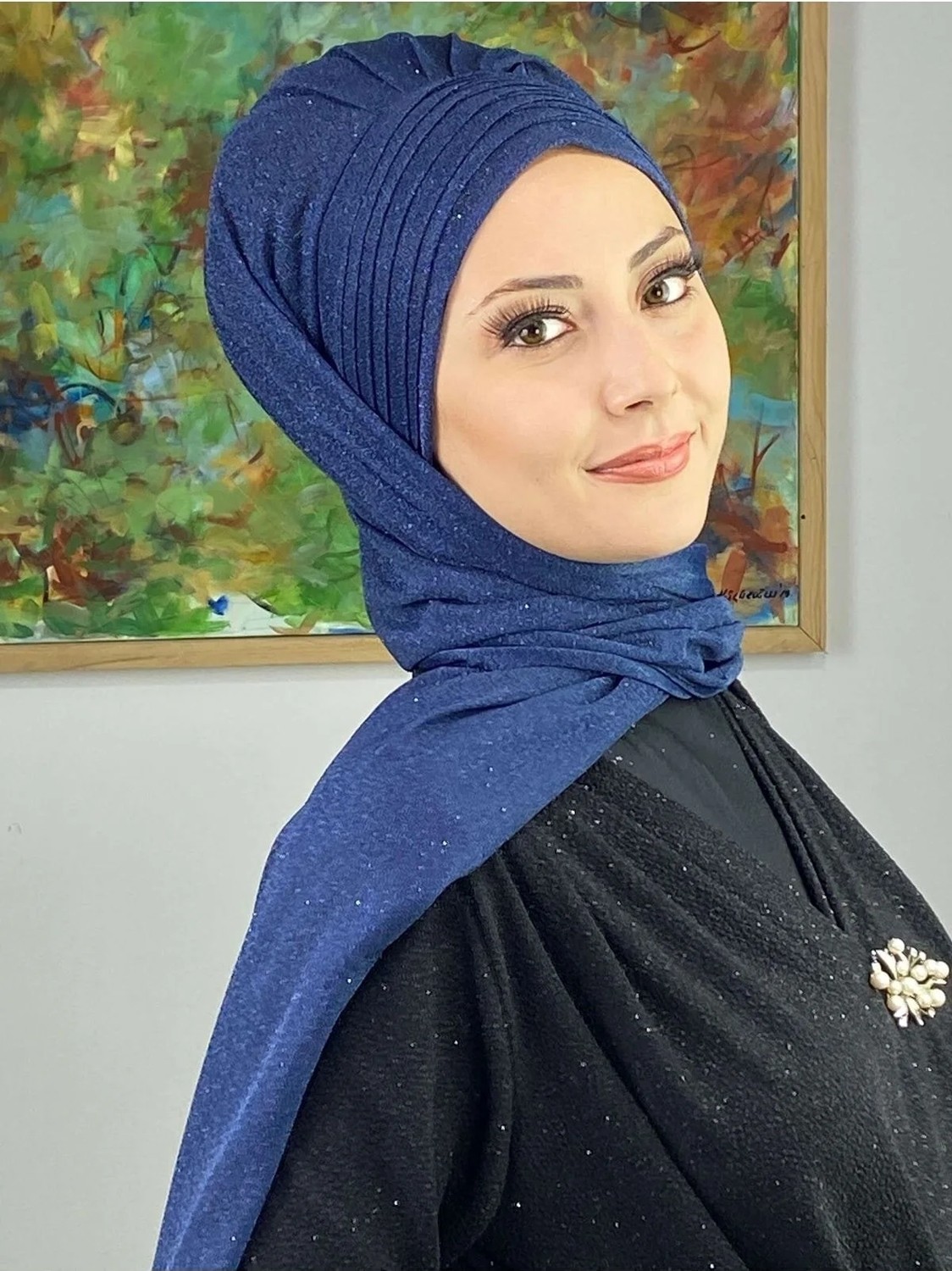 Butik Ambar Topkapı Lacivert Simli Çapraz Drapeli Hazır Şal görsel 3