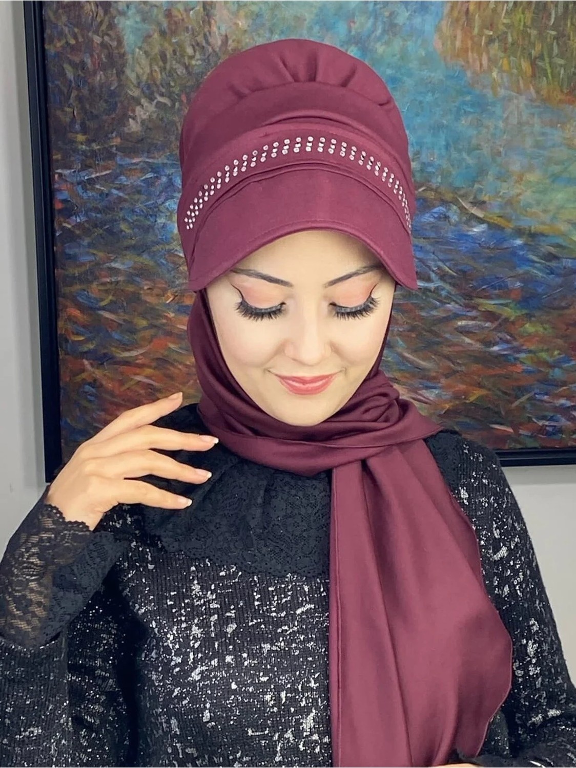 Butik Ambar 3 Sıra Beyaz Kare Taş Detaylı Baharlık Şapka görsel 6