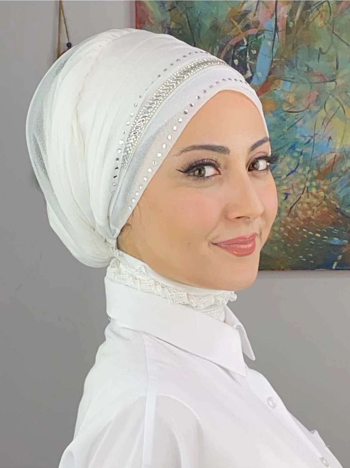 Butik Ambar Şerit Detaylı Bone Şal görsel 2