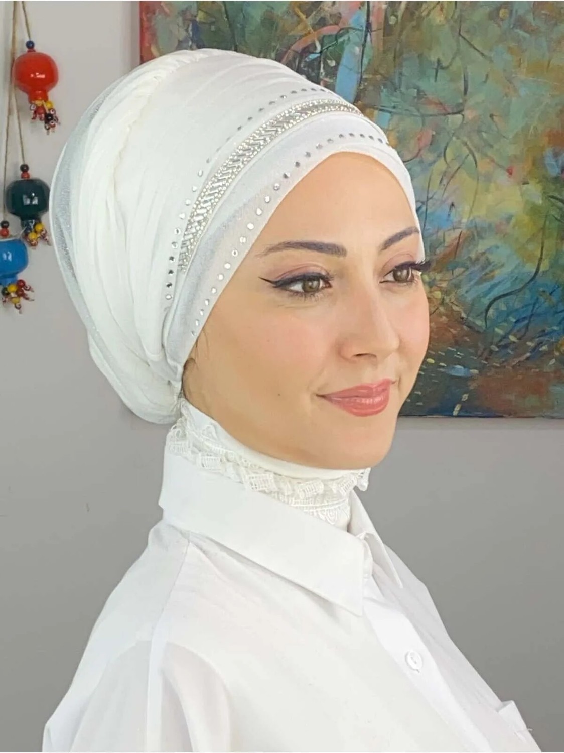 Butik Ambar Şerit Detaylı Bone Şal görsel 5