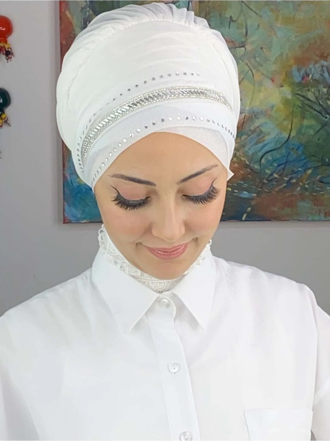 Butik Ambar Şerit Detaylı Bone Şal görsel 6