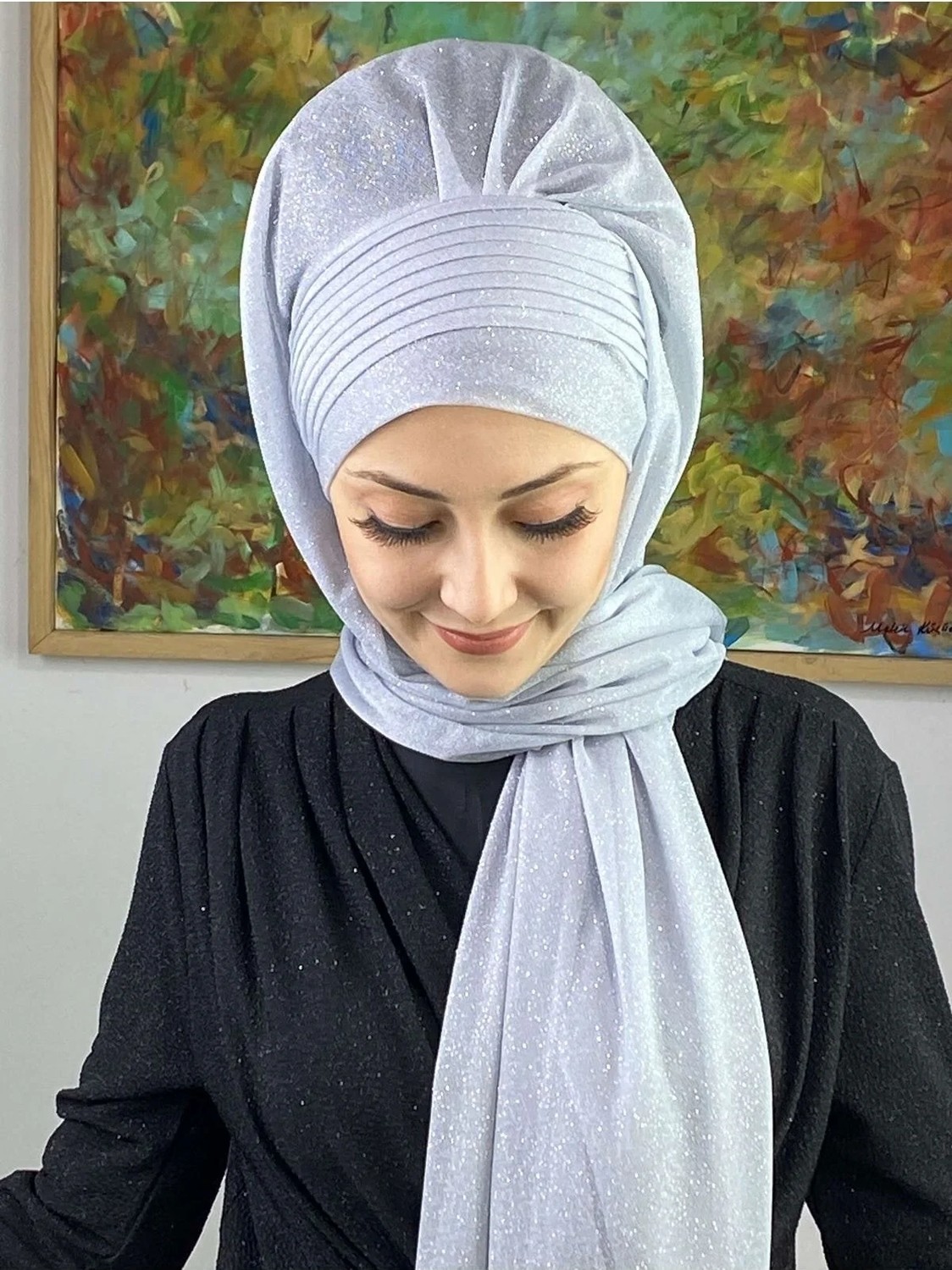 Butik Ambar Saray Model Gümüş Simli Yan Drapeli Şal görsel 4
