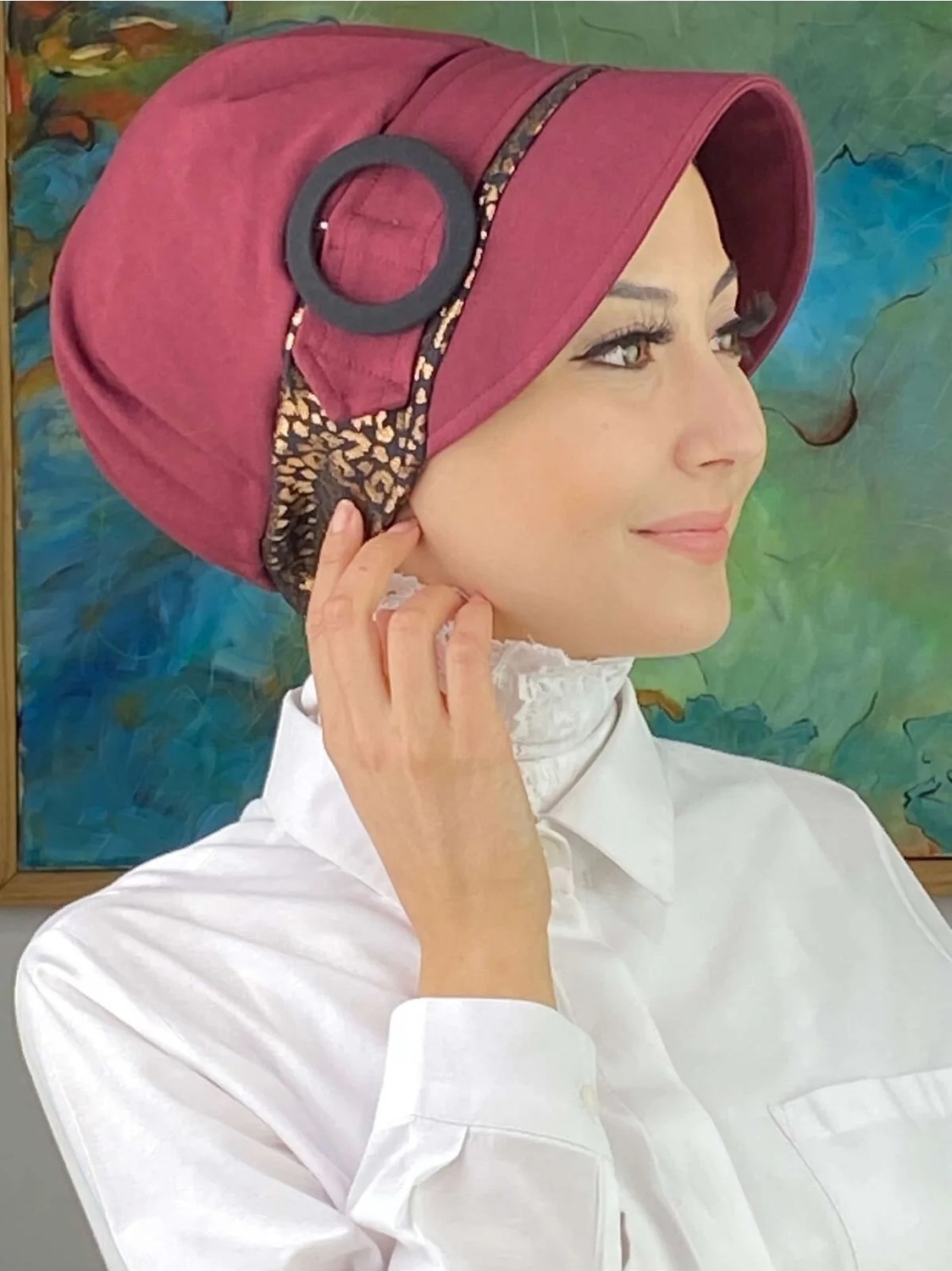 Butik Ambar Nazlı Model Tokalı Parlak Bakır Leoparlı Tesettür Şapka