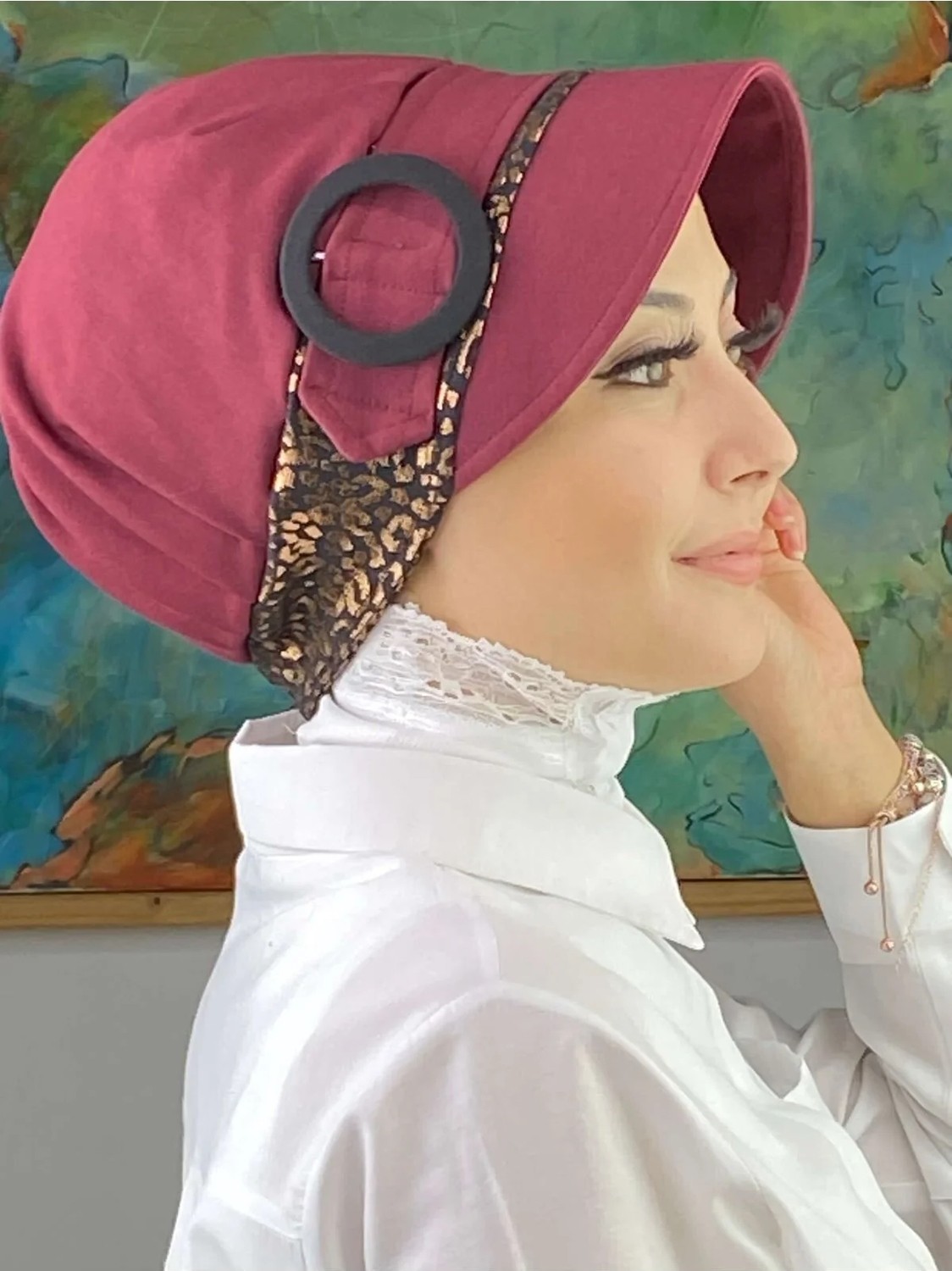 Butik Ambar Nazlı Model Tokalı Parlak Bakır Leoparlı Tesettür Şapka görsel 2