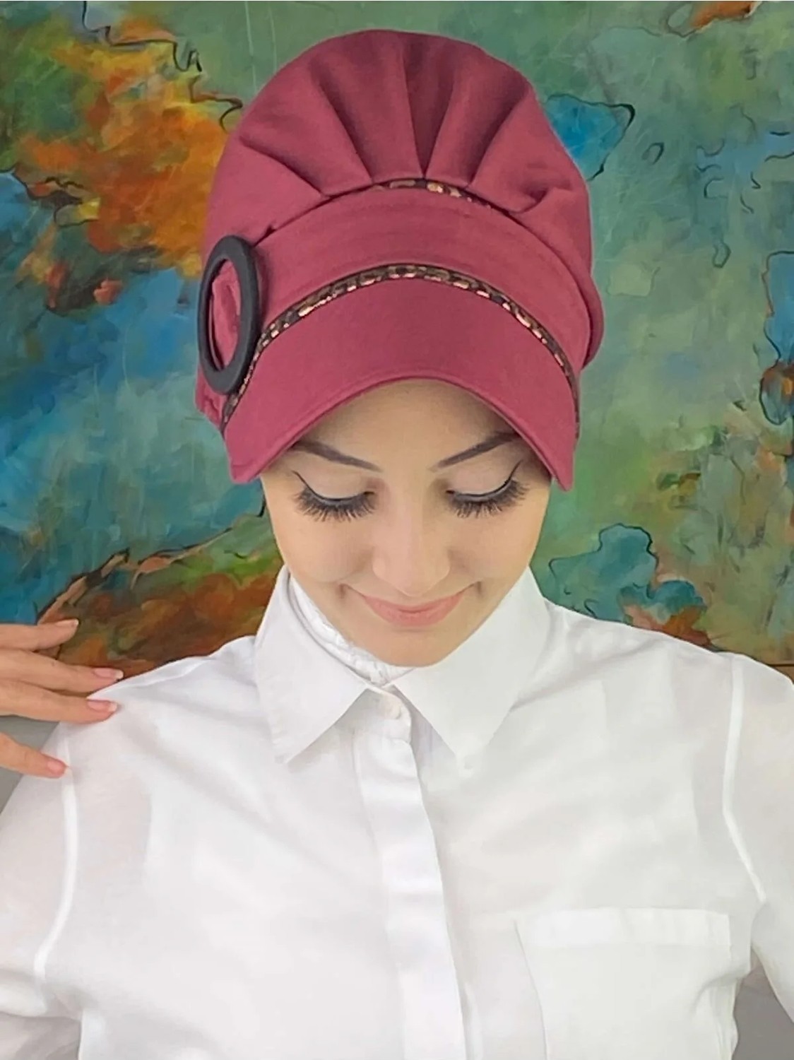 Butik Ambar Nazlı Model Tokalı Parlak Bakır Leoparlı Tesettür Şapka görsel 4