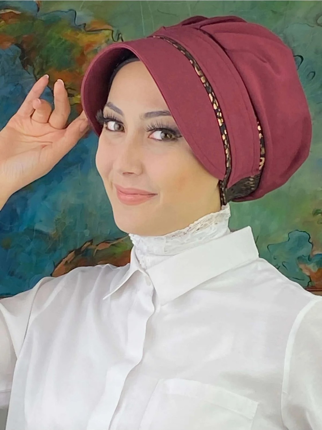 Butik Ambar Nazlı Model Tokalı Parlak Bakır Leoparlı Tesettür Şapka görsel 5