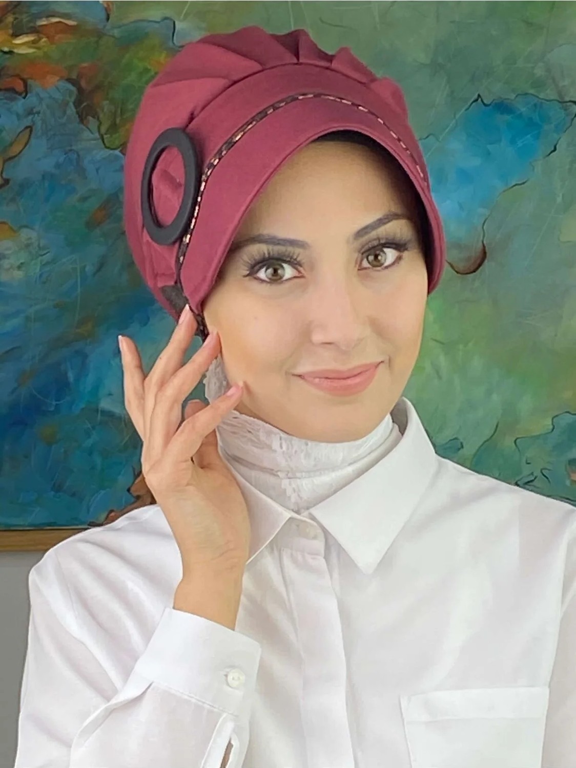 Butik Ambar Nazlı Model Tokalı Parlak Bakır Leoparlı Tesettür Şapka görsel 6