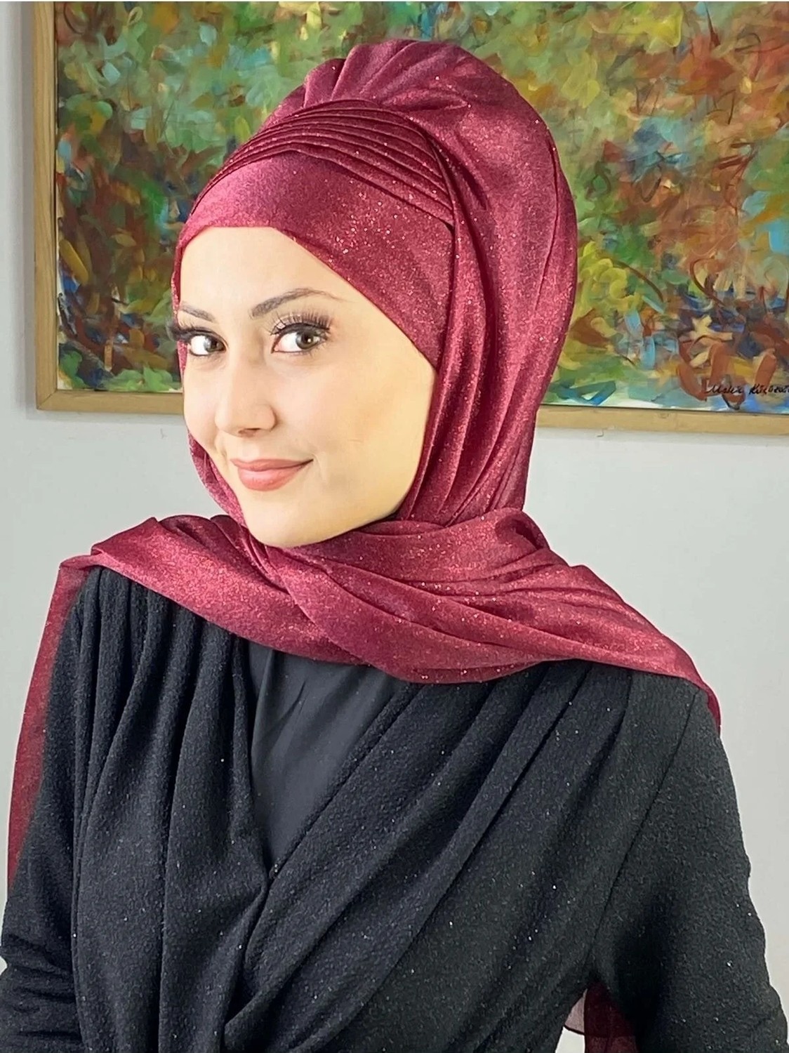 Butik Ambar Saray Model Bordo Simli Yan Drapeli Şal görsel 4