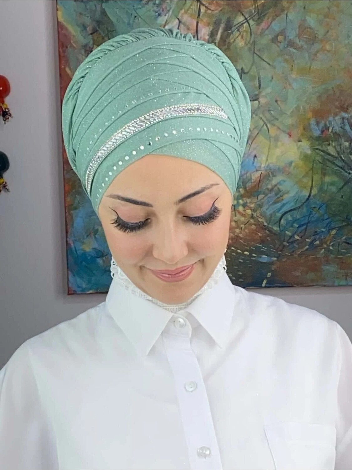 Butik Ambar Şerit Detaylı Bone Şal görsel 3