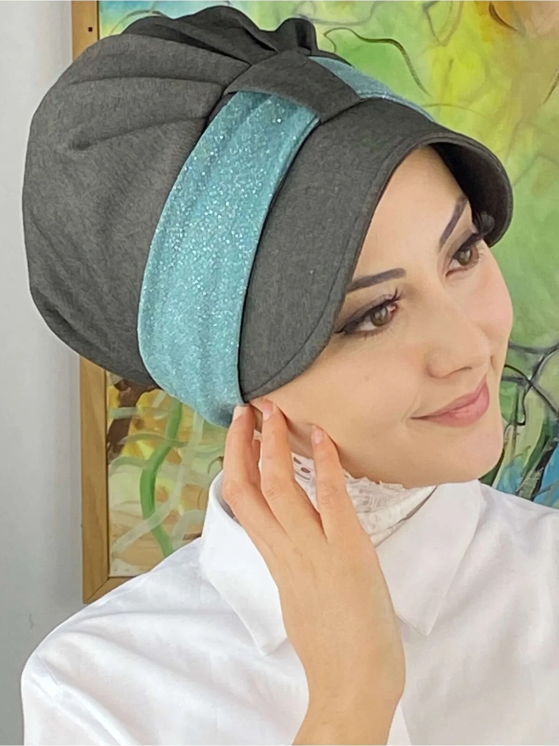 Butik Ambar Cırtcırtlı Mint Yeşili Şifon Fularlı Şapka görsel 2