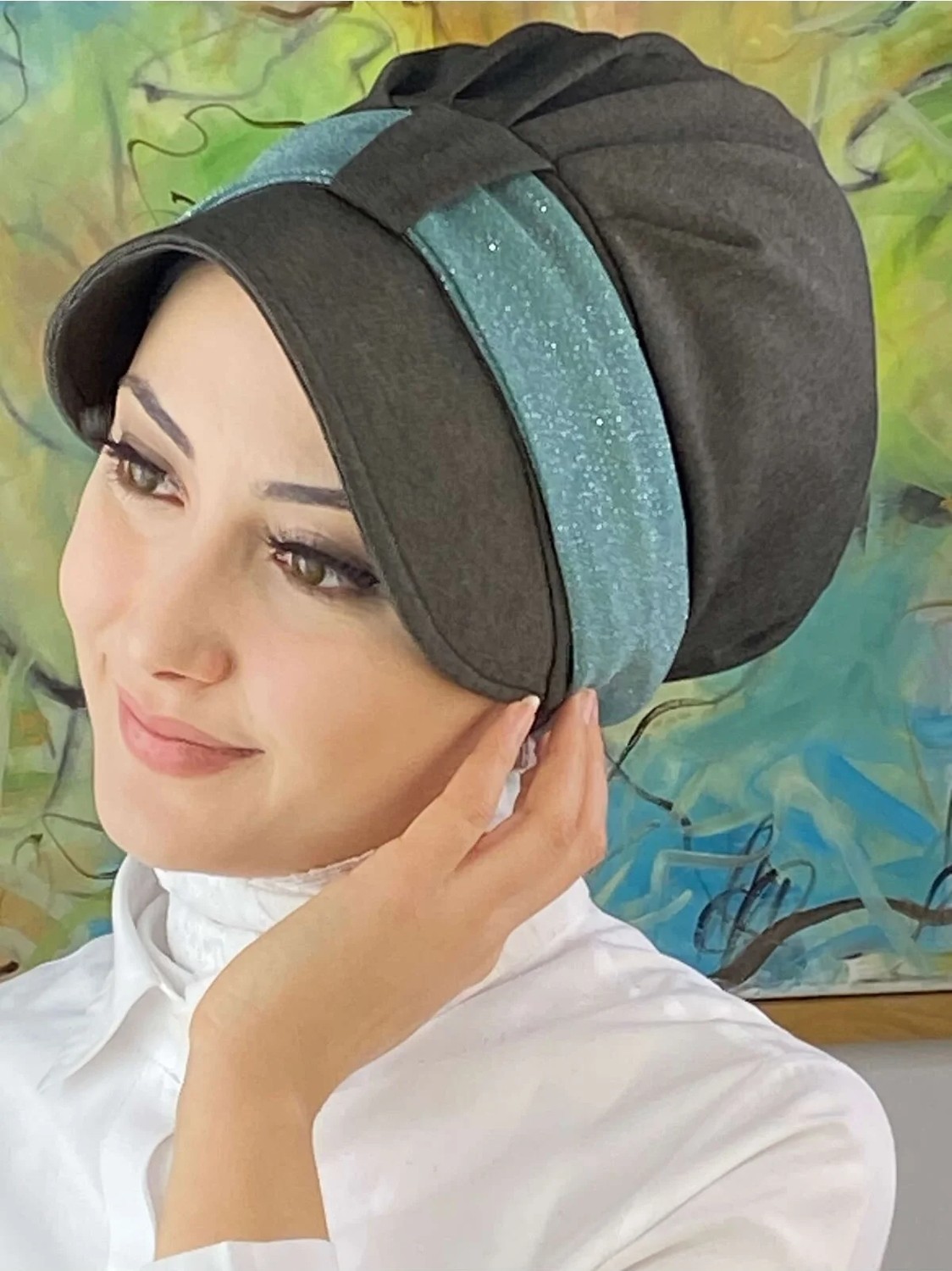 Butik Ambar Cırtcırtlı Mint Yeşili Şifon Fularlı Şapka görsel 3