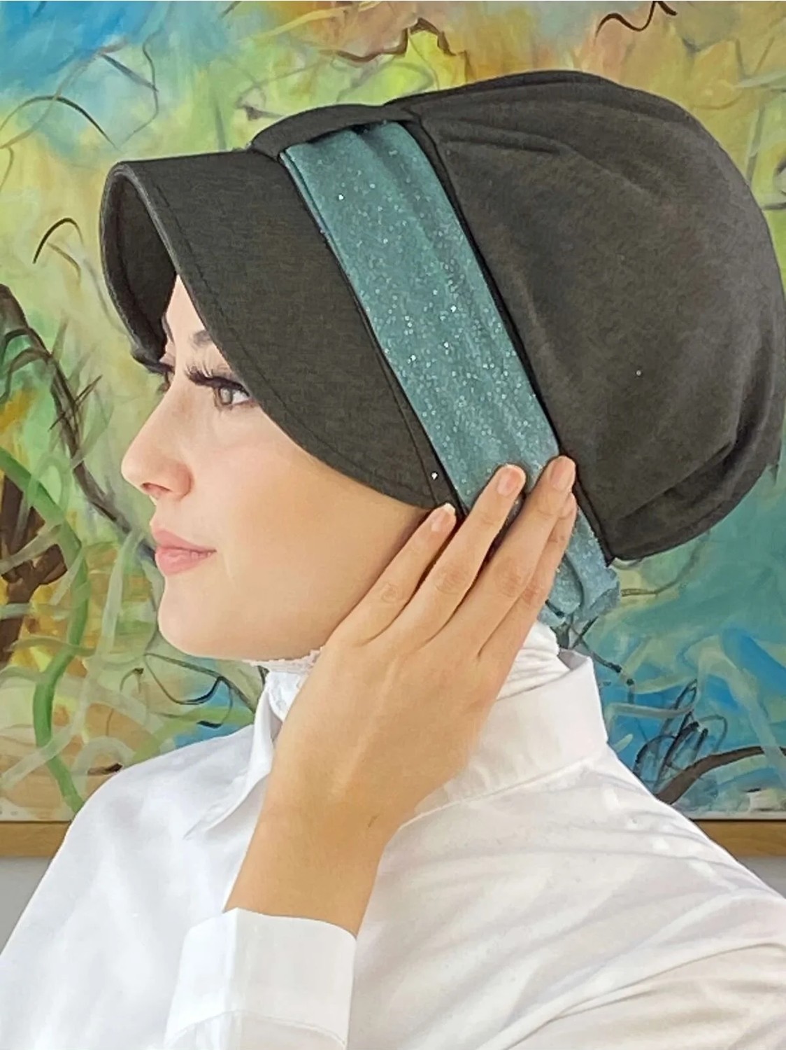 Butik Ambar Cırtcırtlı Mint Yeşili Şifon Fularlı Şapka görsel 4
